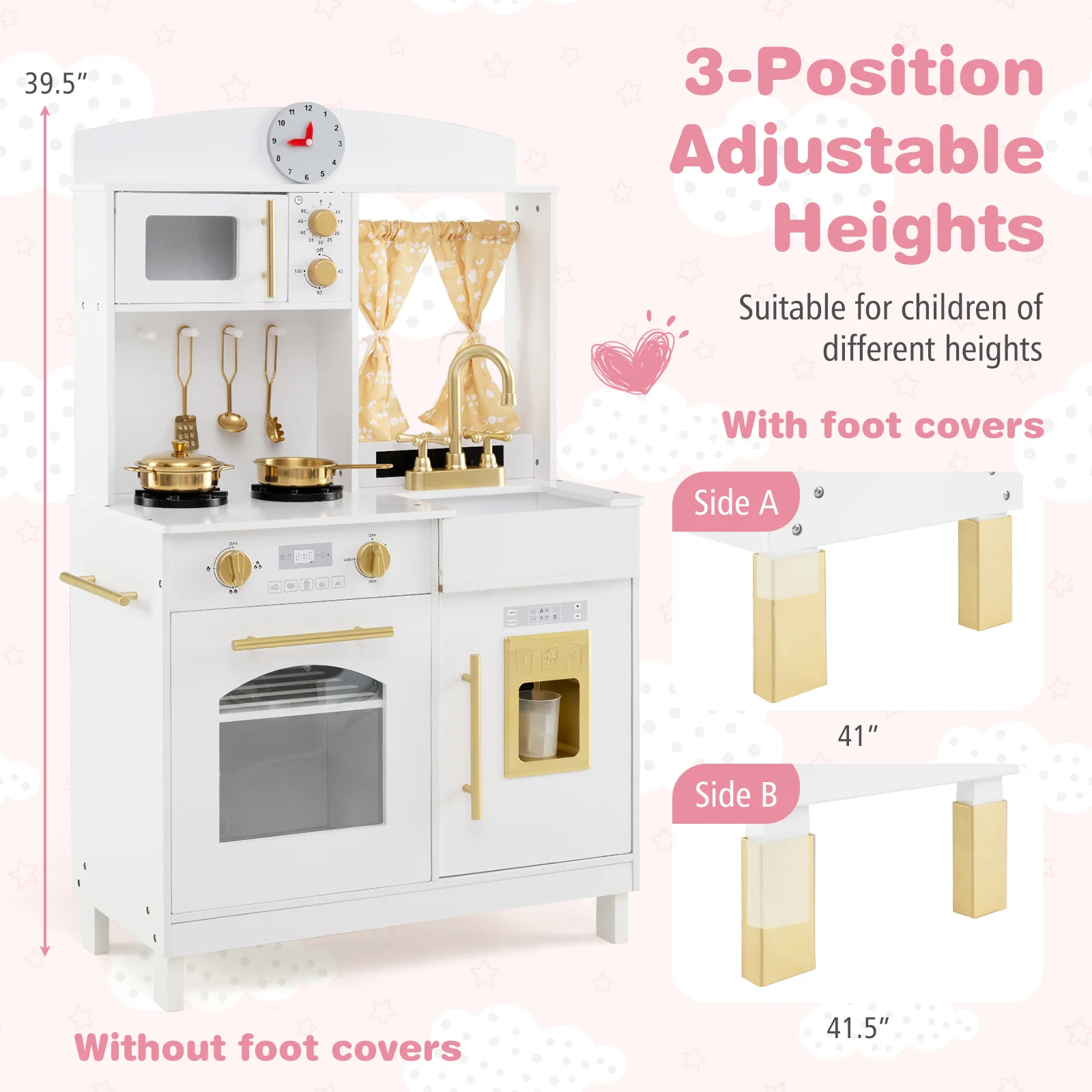 Play Kitchen for Kids Wooden Chef Pretend Playset with 3 Adjustable Heights Microwave, Gold - Image 6