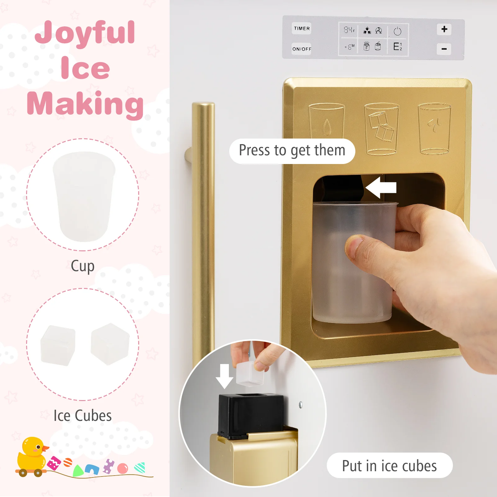 Play Kitchen for Kids Wooden Chef Pretend Playset with 3 Adjustable Heights Microwave, Gold - Image 7