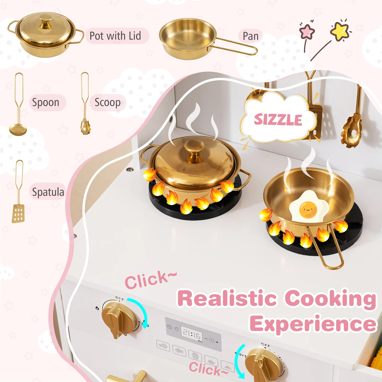 Play Kitchen for Kids Wooden Chef Pretend Playset with 3 Adjustable Heights Microwave, Gold - Image 8