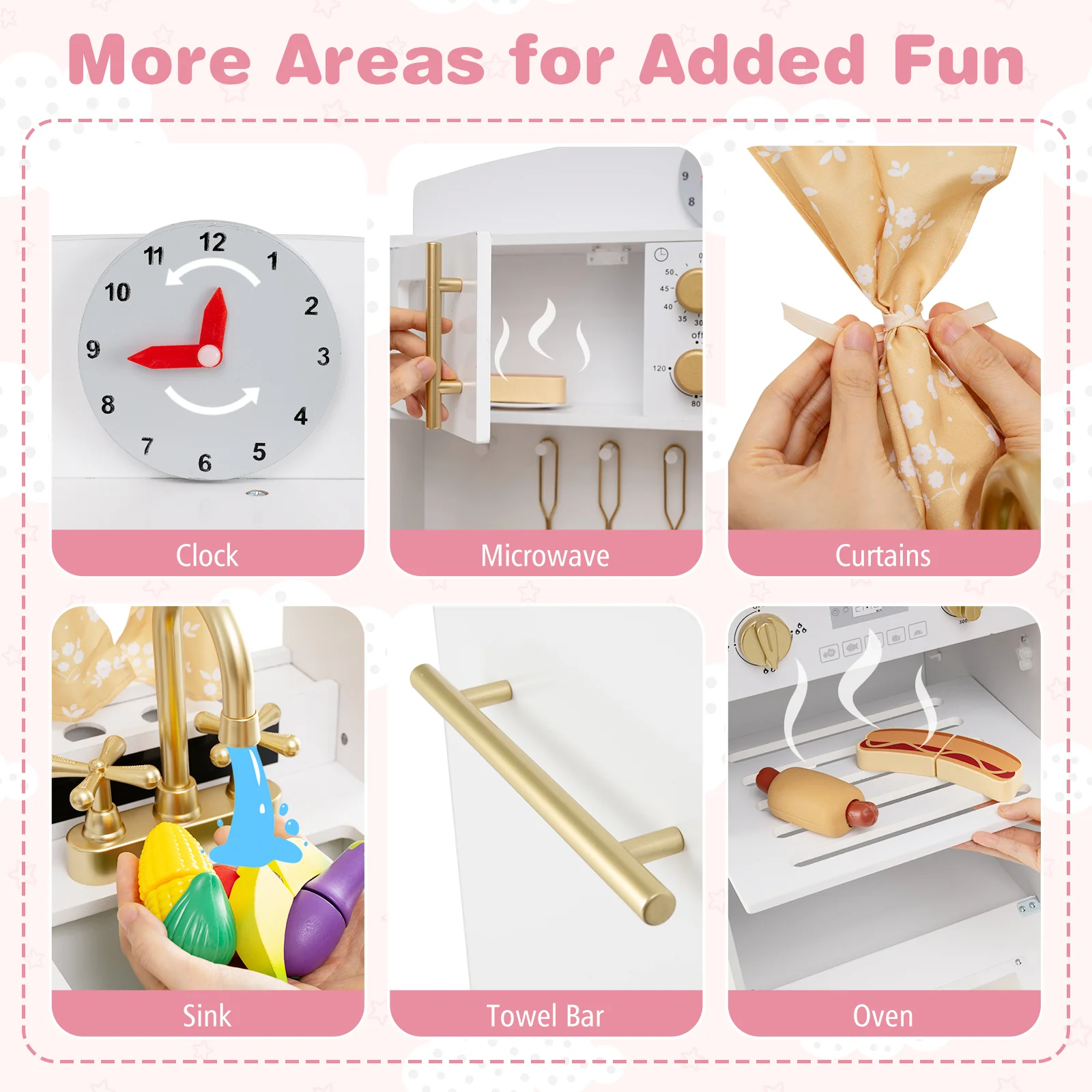 Play Kitchen for Kids Wooden Chef Pretend Playset with 3 Adjustable Heights Microwave, Gold - Image 9