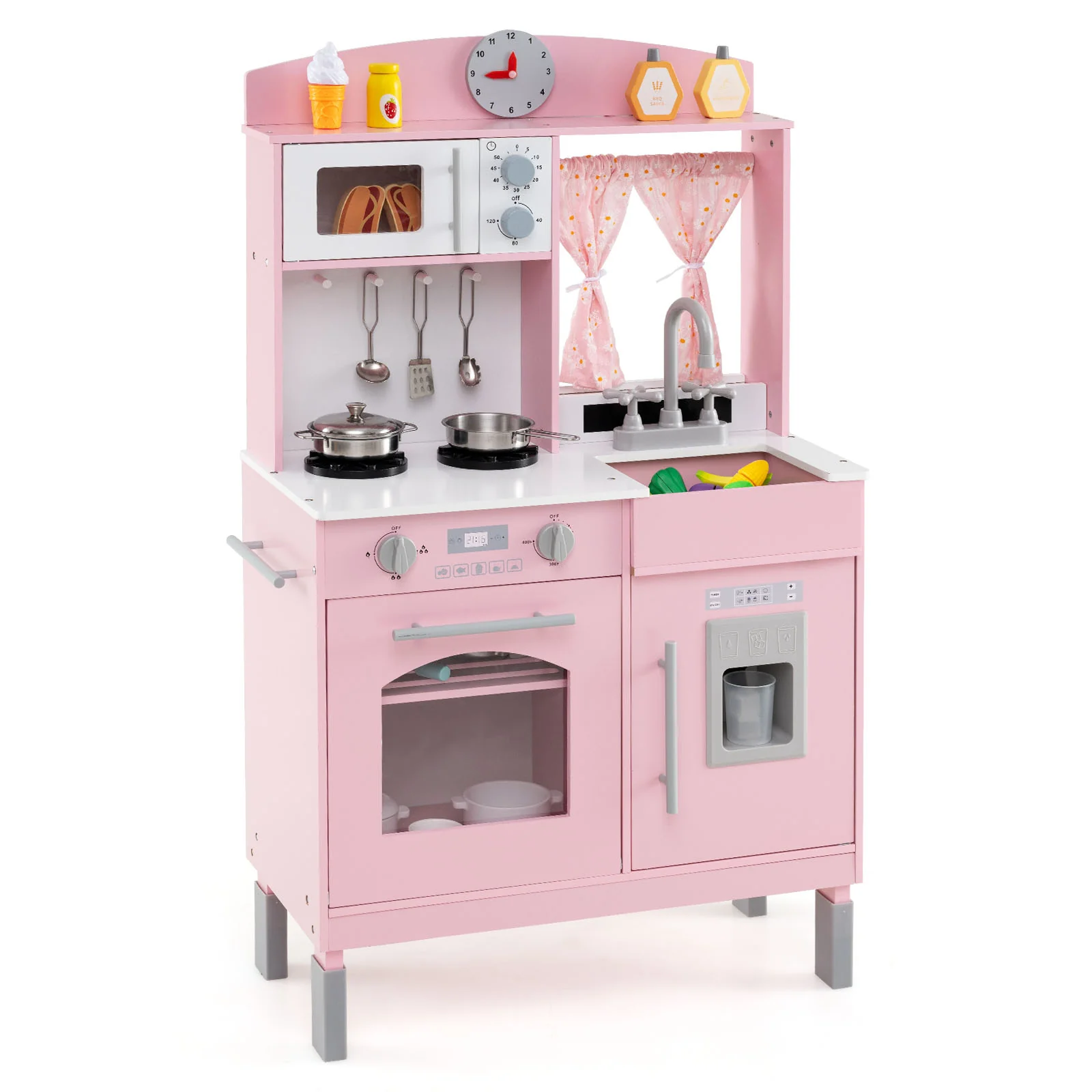 Play Kitchen for Kids Wooden Chef Pretend Playset with 3 Adjustable Heights Microwave, Pink