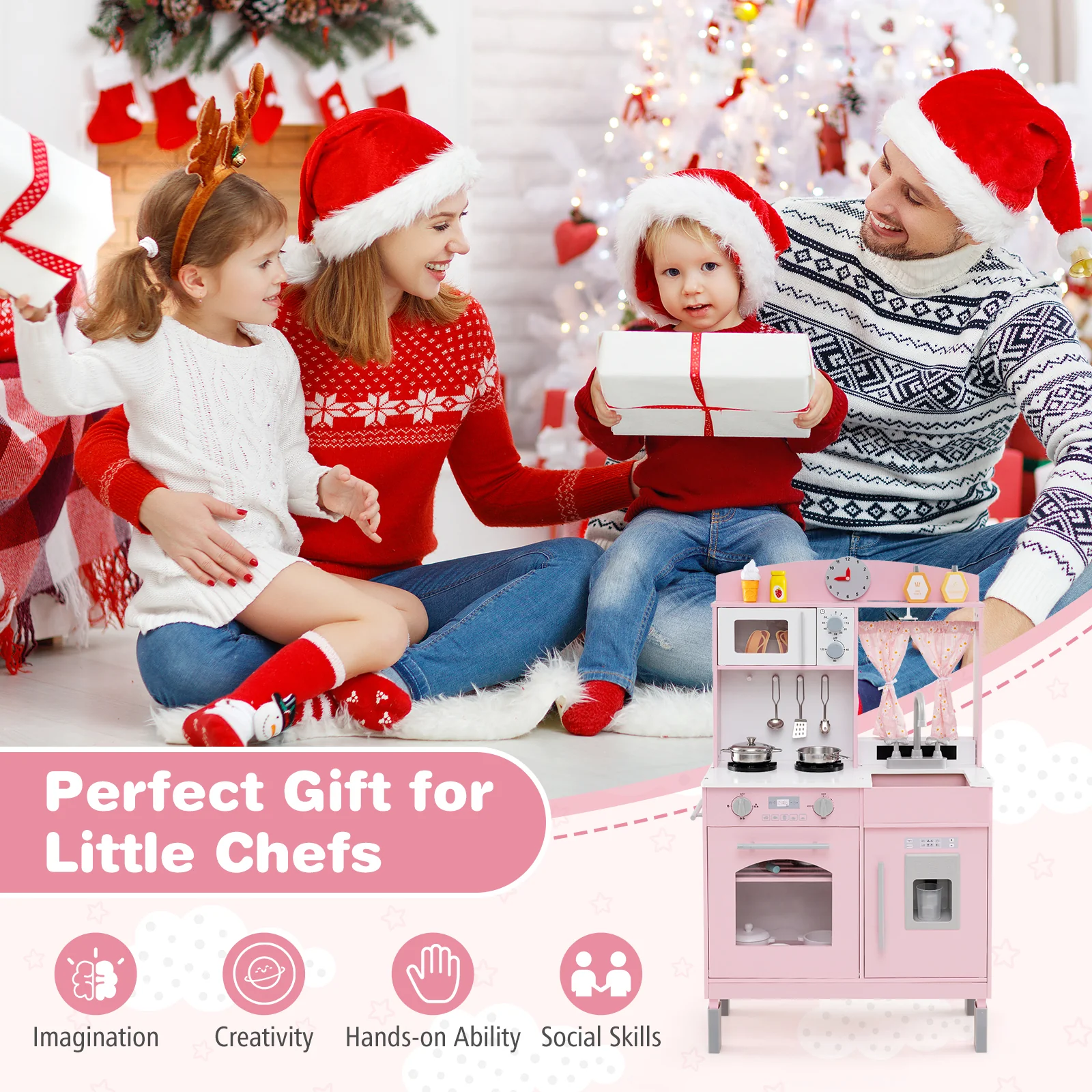 Play Kitchen for Kids Wooden Chef Pretend Playset with 3 Adjustable Heights Microwave, Pink - Image 10