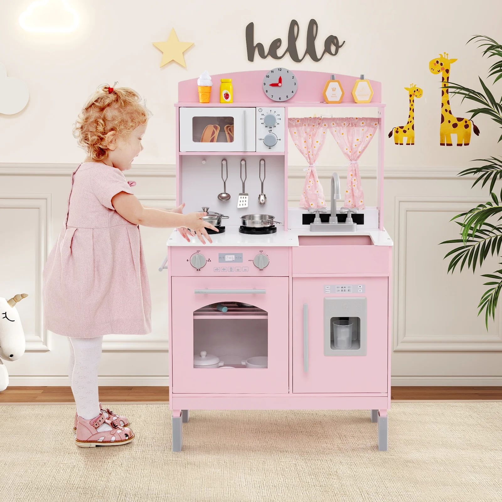 Play Kitchen for Kids Wooden Chef Pretend Playset with 3 Adjustable Heights Microwave, Pink - Image 2