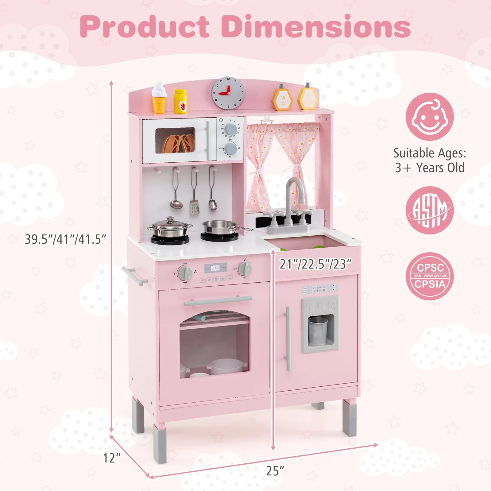 Play Kitchen for Kids Wooden Chef Pretend Playset with 3 Adjustable Heights Microwave, Pink - Image 4