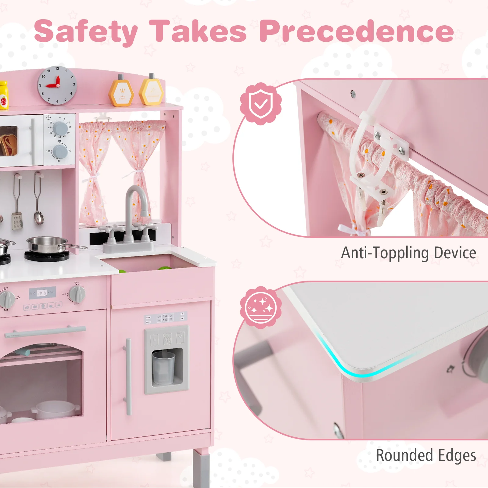 Play Kitchen for Kids Wooden Chef Pretend Playset with 3 Adjustable Heights Microwave, Pink - Image 5