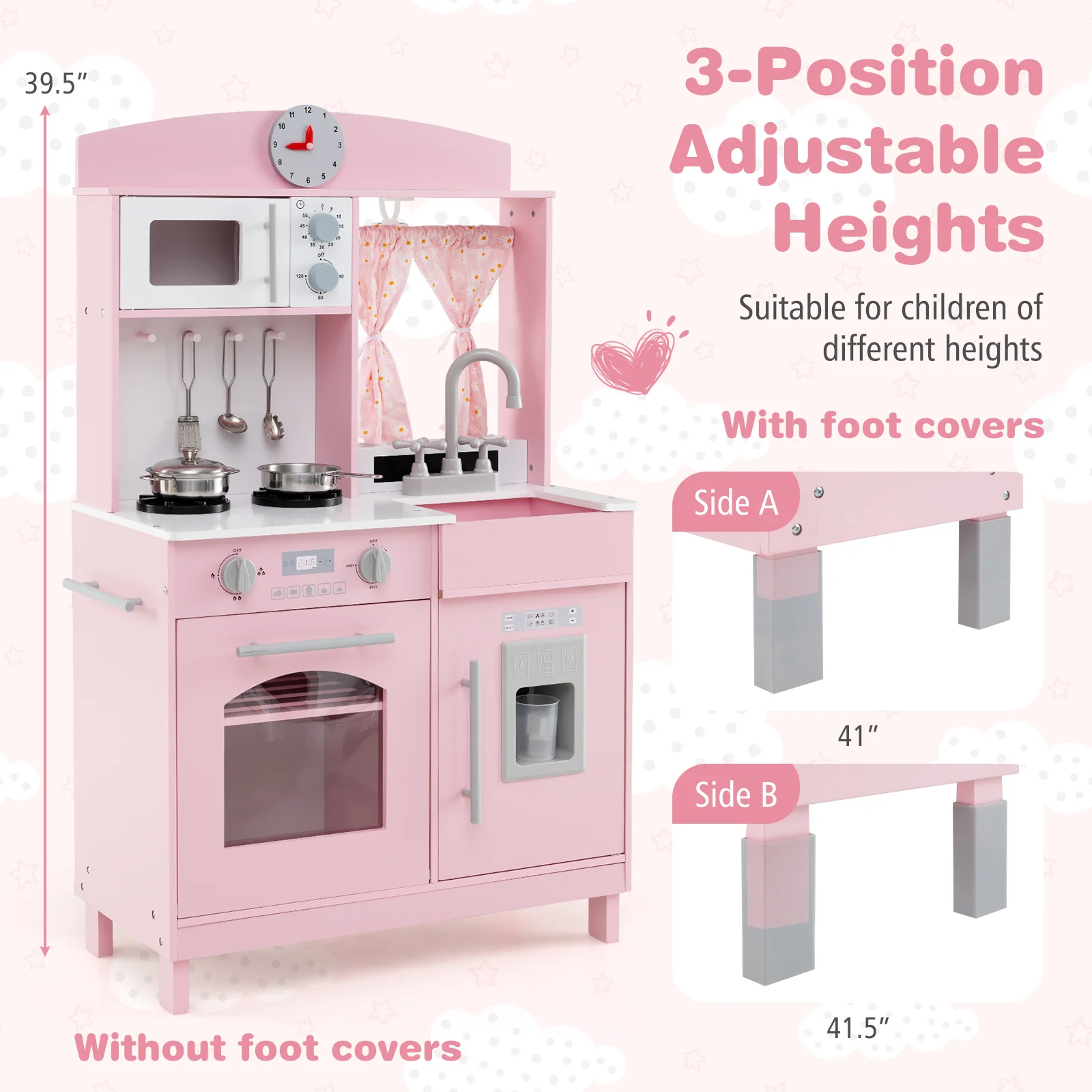 Play Kitchen for Kids Wooden Chef Pretend Playset with 3 Adjustable Heights Microwave, Pink - Image 6