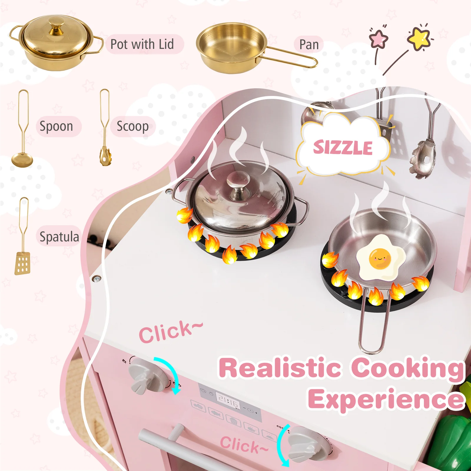 Play Kitchen for Kids Wooden Chef Pretend Playset with 3 Adjustable Heights Microwave, Pink - Image 8