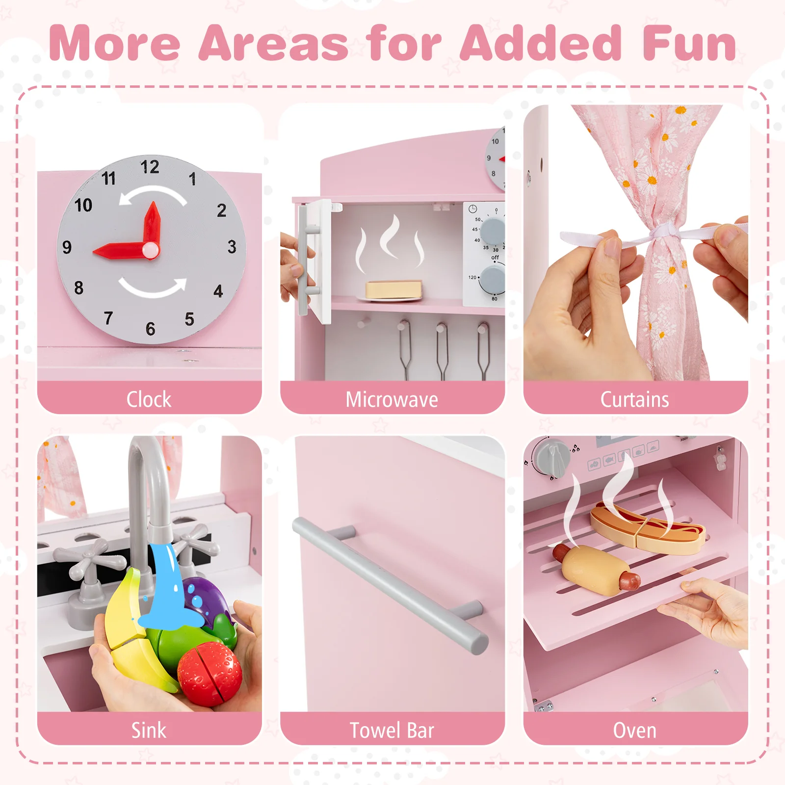 Play Kitchen for Kids Wooden Chef Pretend Playset with 3 Adjustable Heights Microwave, Pink - Image 9