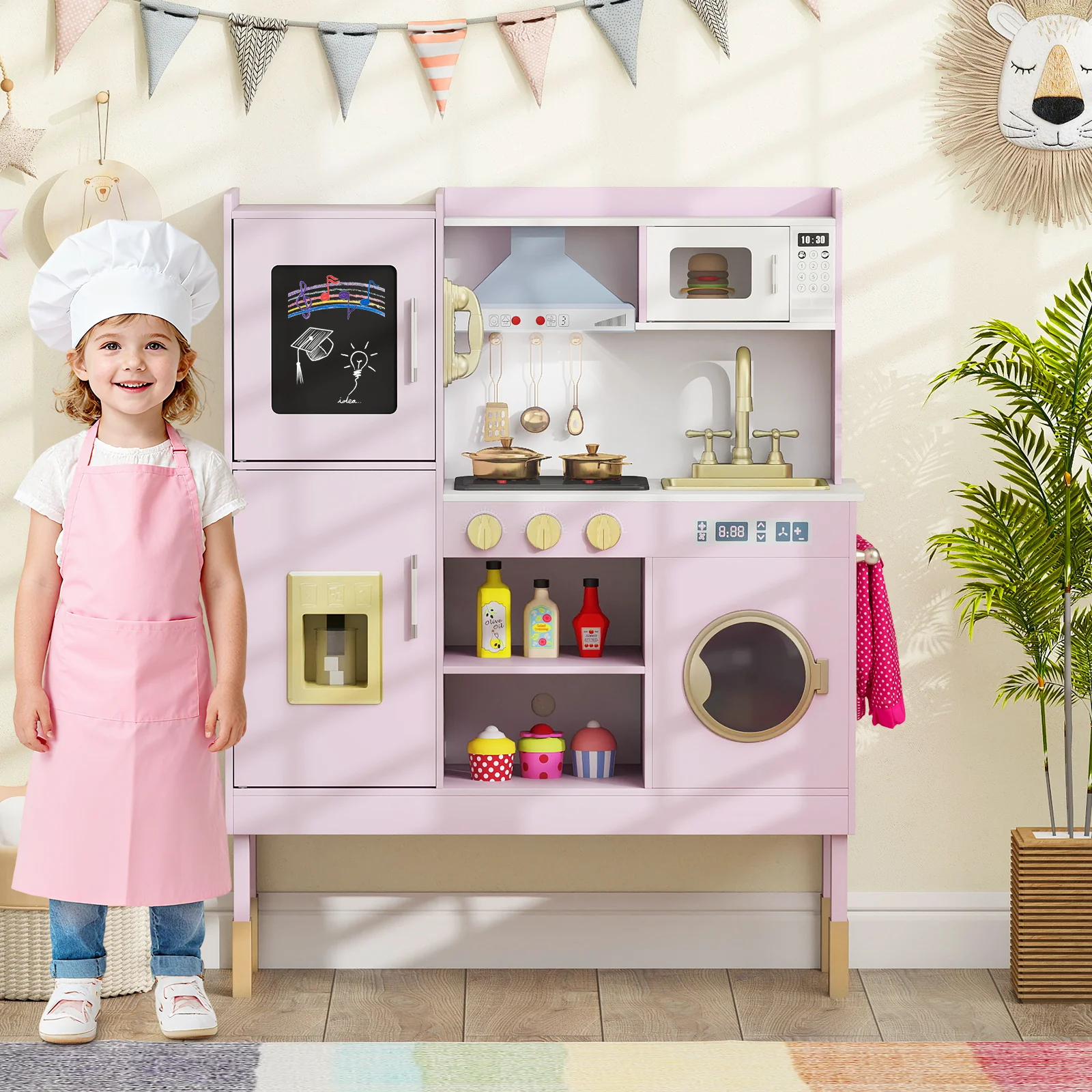 Play Kitchen Toy, With Range Hood, Ice Maker, Telephone, Light Pink - Image 2