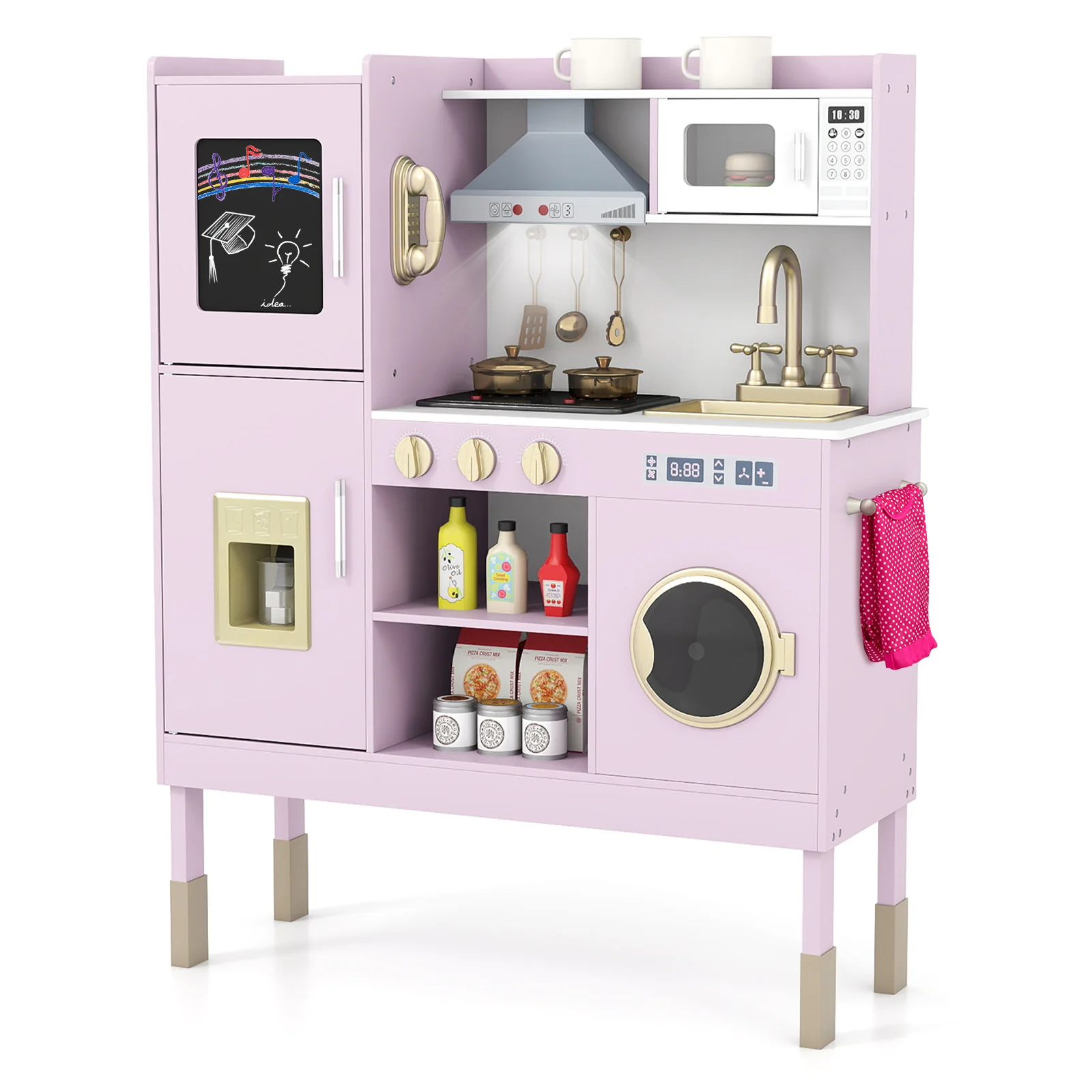 Play Kitchen Toy, With Range Hood, Ice Maker, Telephone, Light Pink - Image 5