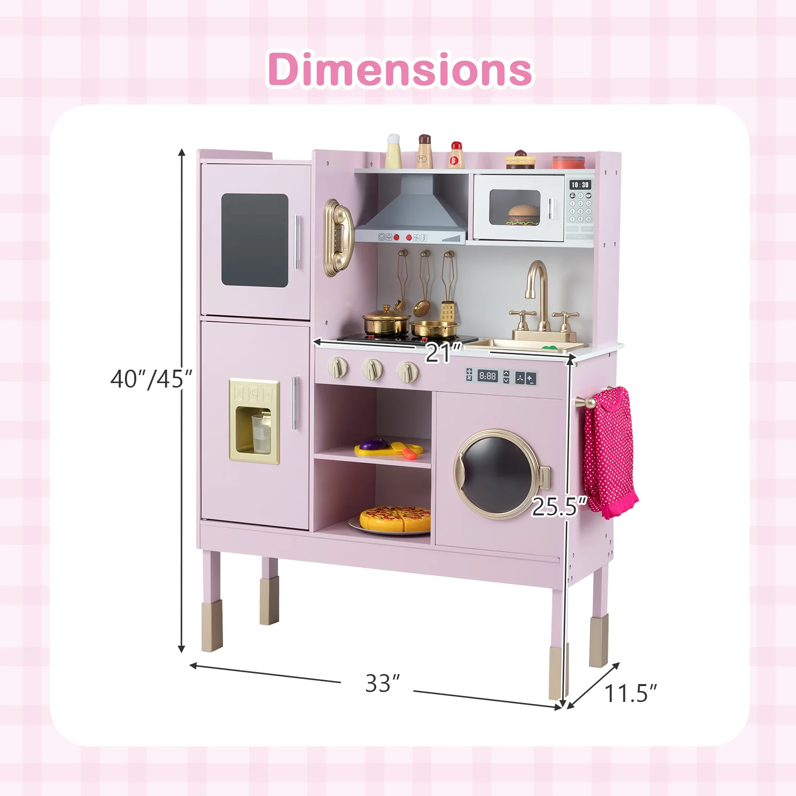 Play Kitchen Toy, With Range Hood, Ice Maker, Telephone, Light Pink - Image 6