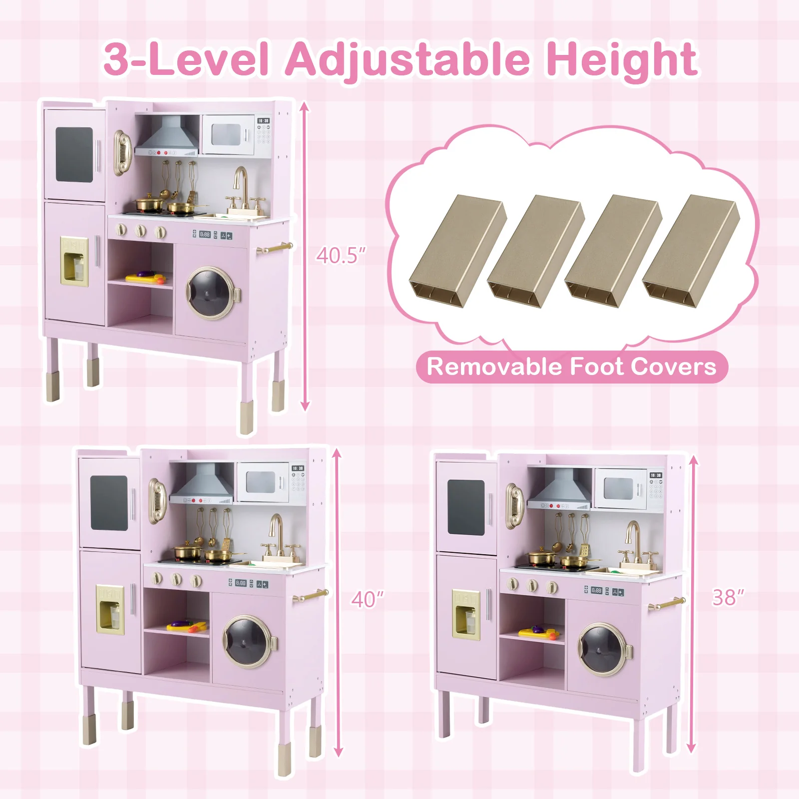Play Kitchen Toy, With Range Hood, Ice Maker, Telephone, Light Pink - Image 7