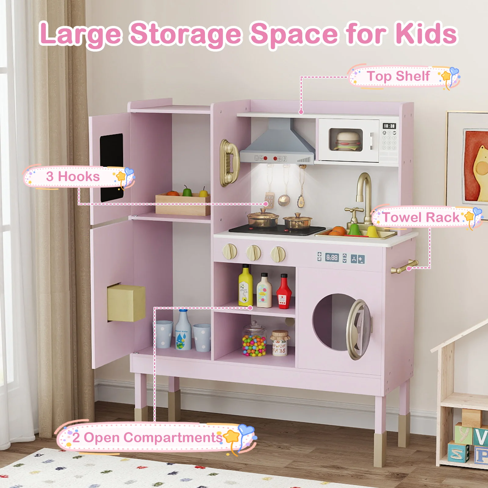 Play Kitchen Toy, With Range Hood, Ice Maker, Telephone, Light Pink - Image 8