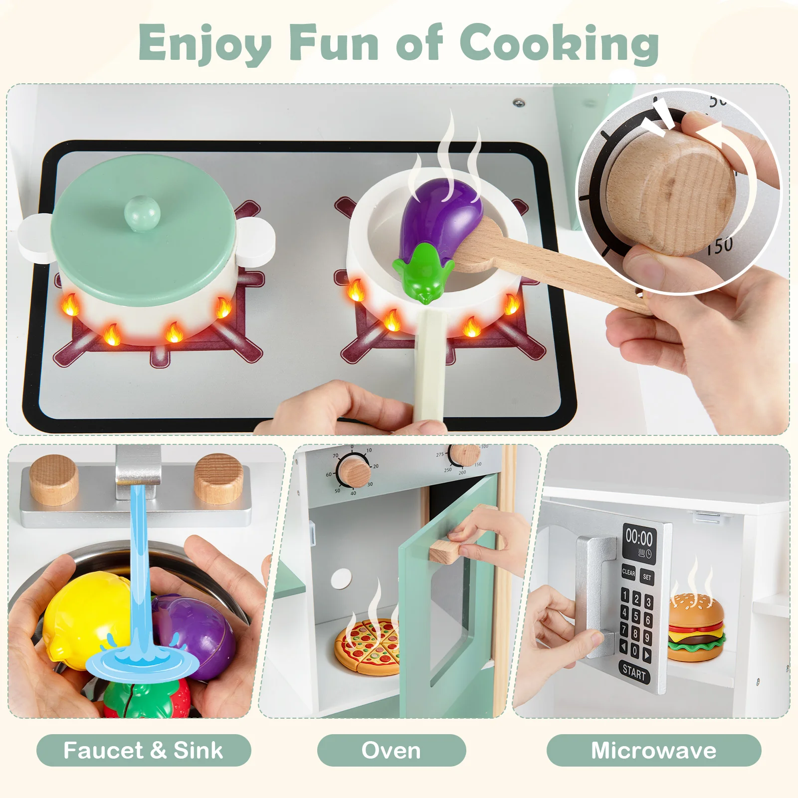 Play Kitchen Wooden Toy Kitchen Playset with Chalkboard Birthday Gift for Kids Aged 3 +, Green - Image 10