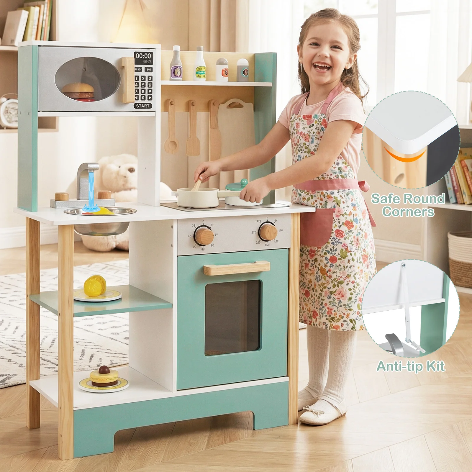 Play Kitchen Wooden Toy Kitchen Playset with Chalkboard Birthday Gift for Kids Aged 3 +, Green - Image 2