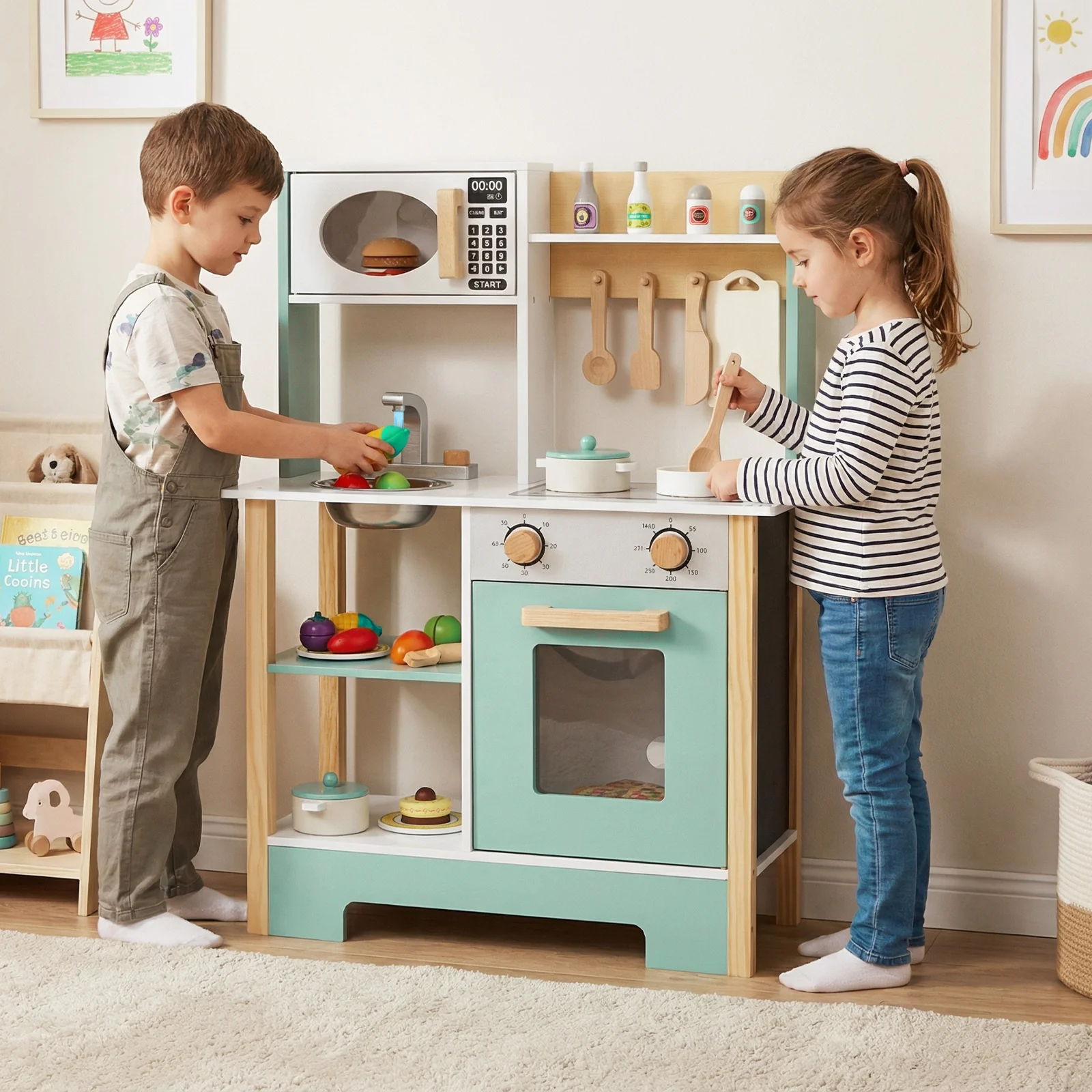 Play Kitchen Wooden Toy Kitchen Playset with Chalkboard Birthday Gift for Kids Aged 3 +, Green - Image 3