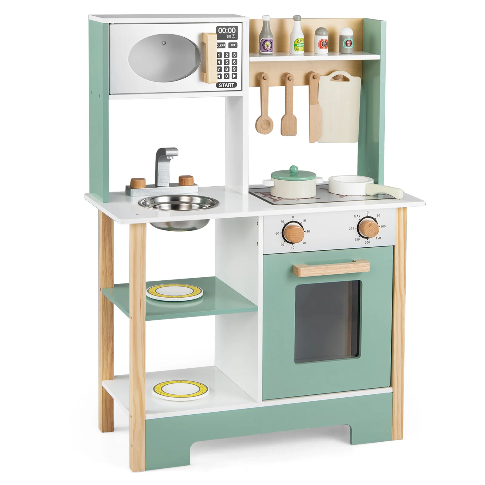 Play Kitchen Wooden Toy Kitchen Playset with Chalkboard Birthday Gift for Kids Aged 3 +, Green - Image 4