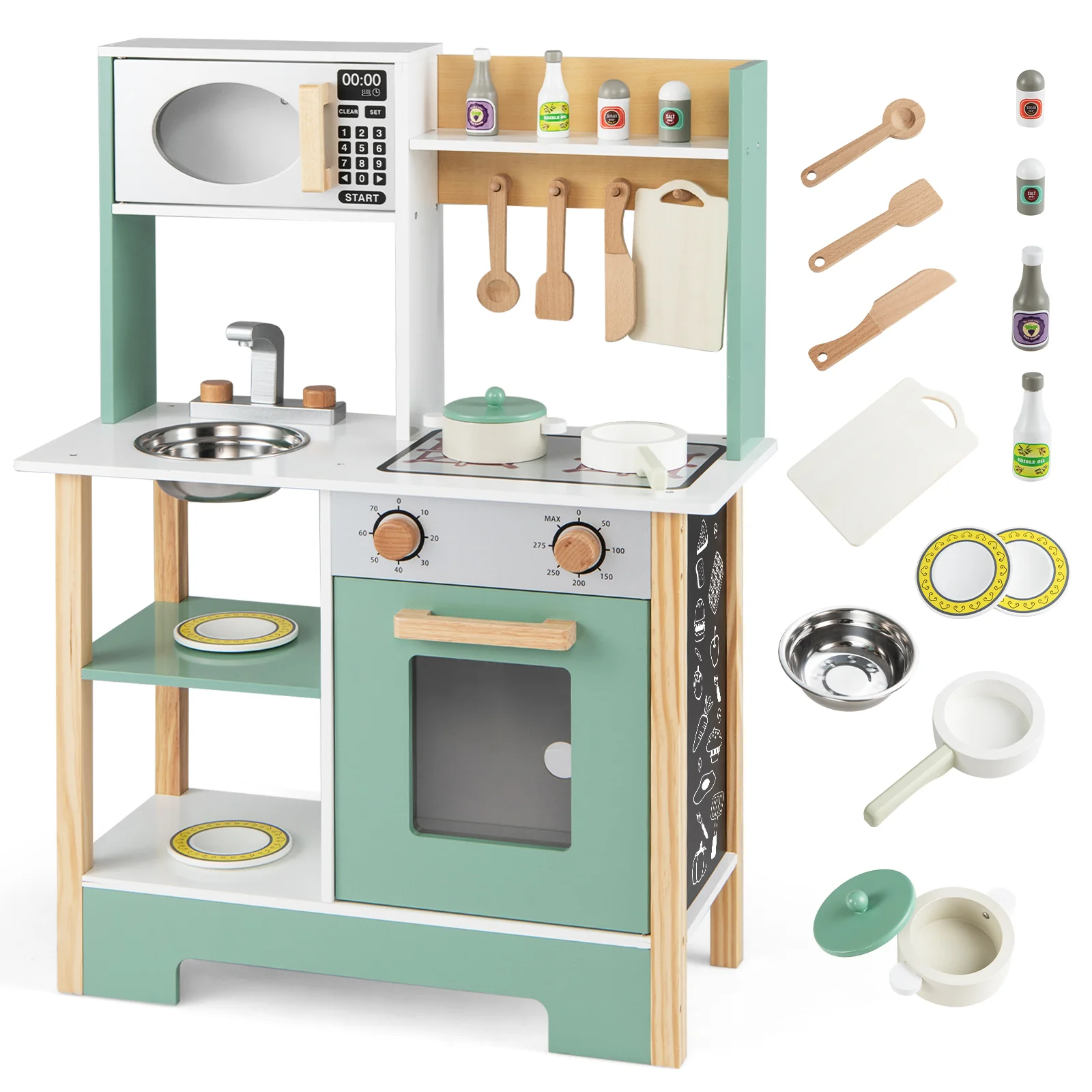 Play Kitchen Wooden Toy Kitchen Playset with Chalkboard Birthday Gift for Kids Aged 3 +, Green - Image 5