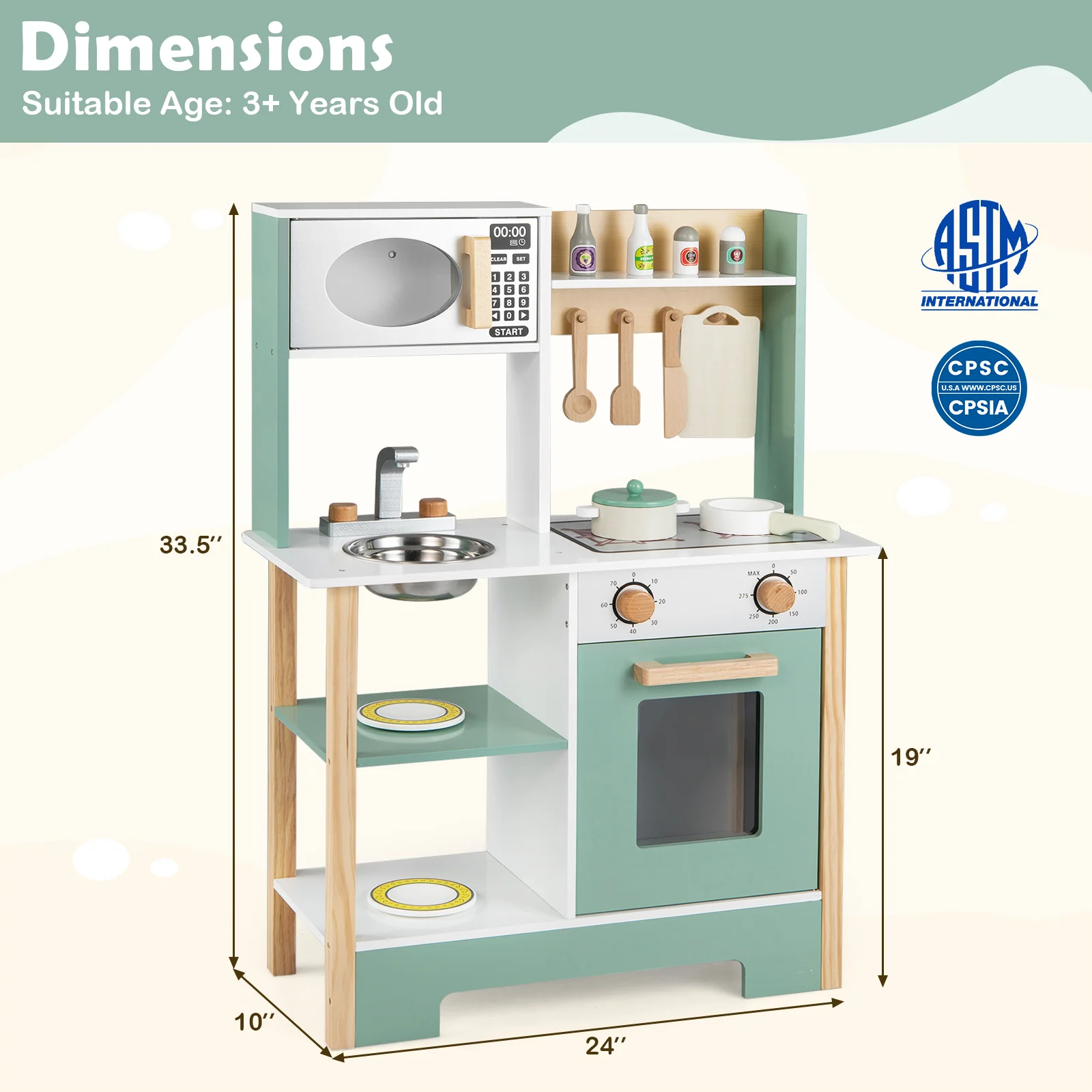 Play Kitchen Wooden Toy Kitchen Playset with Chalkboard Birthday Gift for Kids Aged 3 +, Green - Image 6