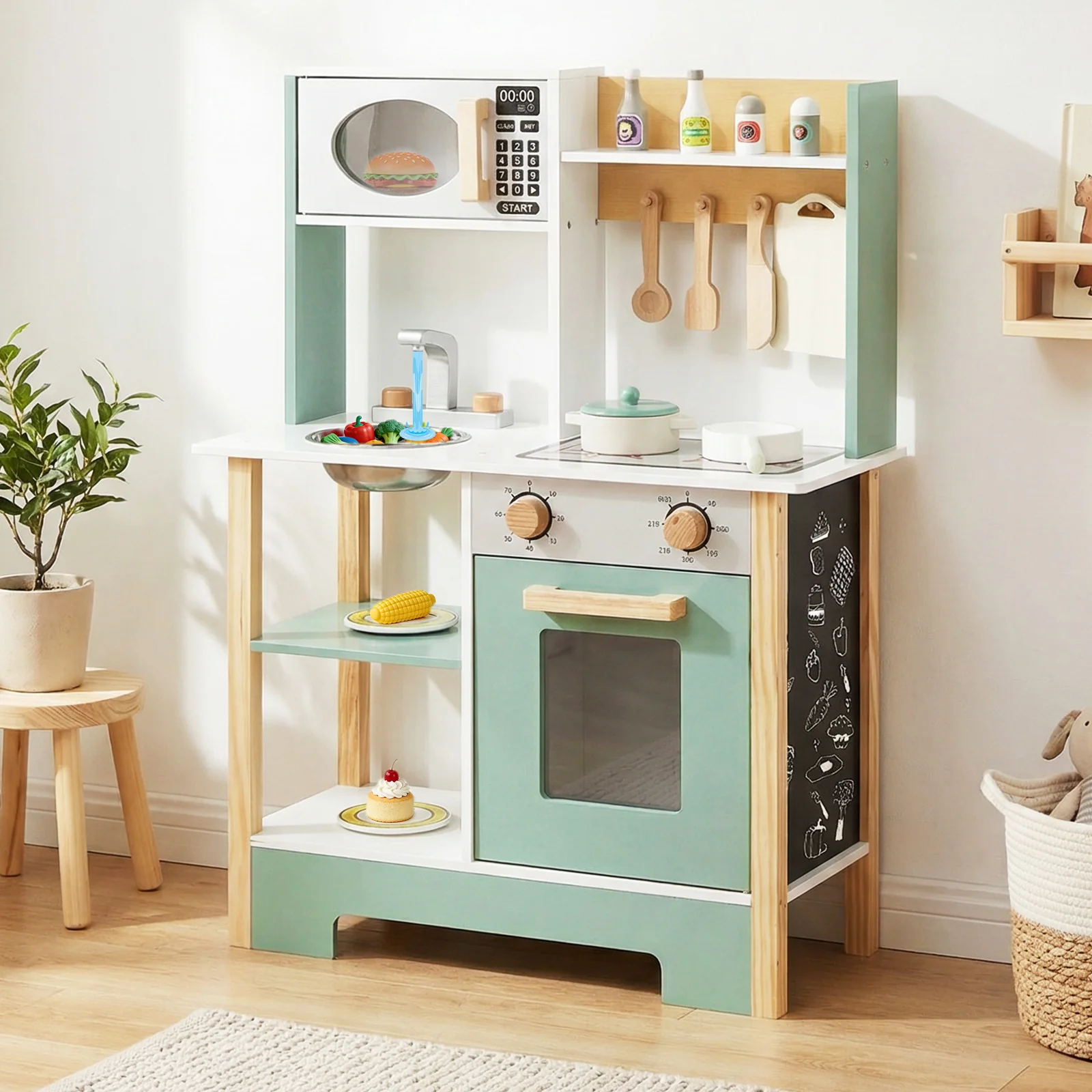 Play Kitchen Wooden Toy Kitchen Playset with Chalkboard Birthday Gift for Kids Aged 3 +, Green - Image 7