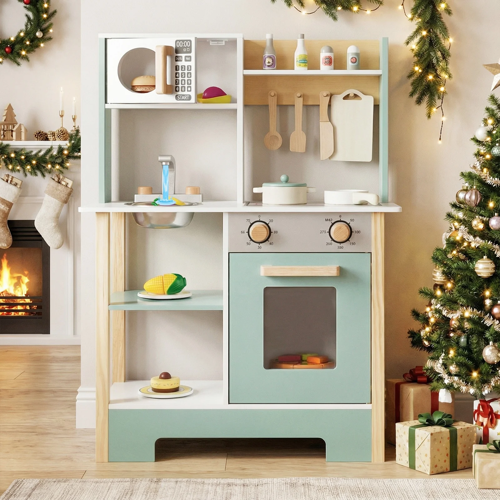 Play Kitchen Wooden Toy Kitchen Playset with Chalkboard Birthday Gift for Kids Aged 3 +, Green - Image 8