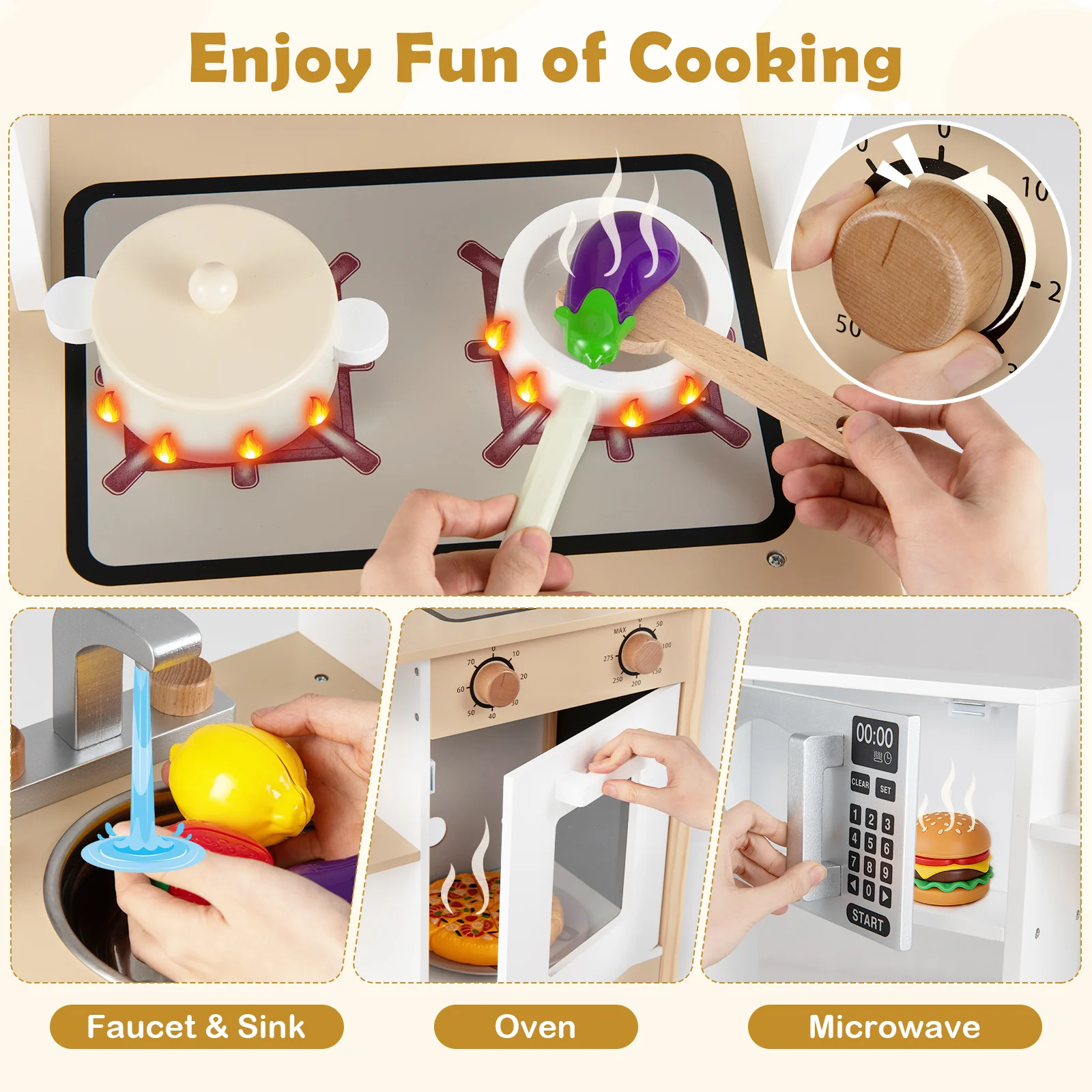 Play Kitchen Wooden Toy Kitchen Playset with Chalkboard Birthday Gift for Kids Aged 3 +, White - Image 10