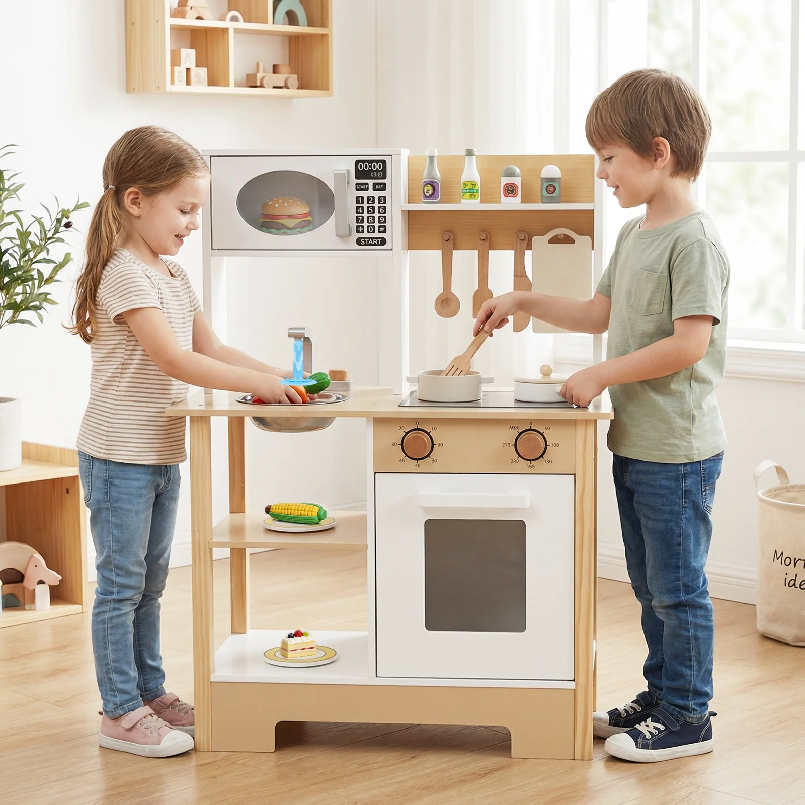 Play Kitchen Wooden Toy Kitchen Playset with Chalkboard Birthday Gift for Kids Aged 3 +, White - Image 2