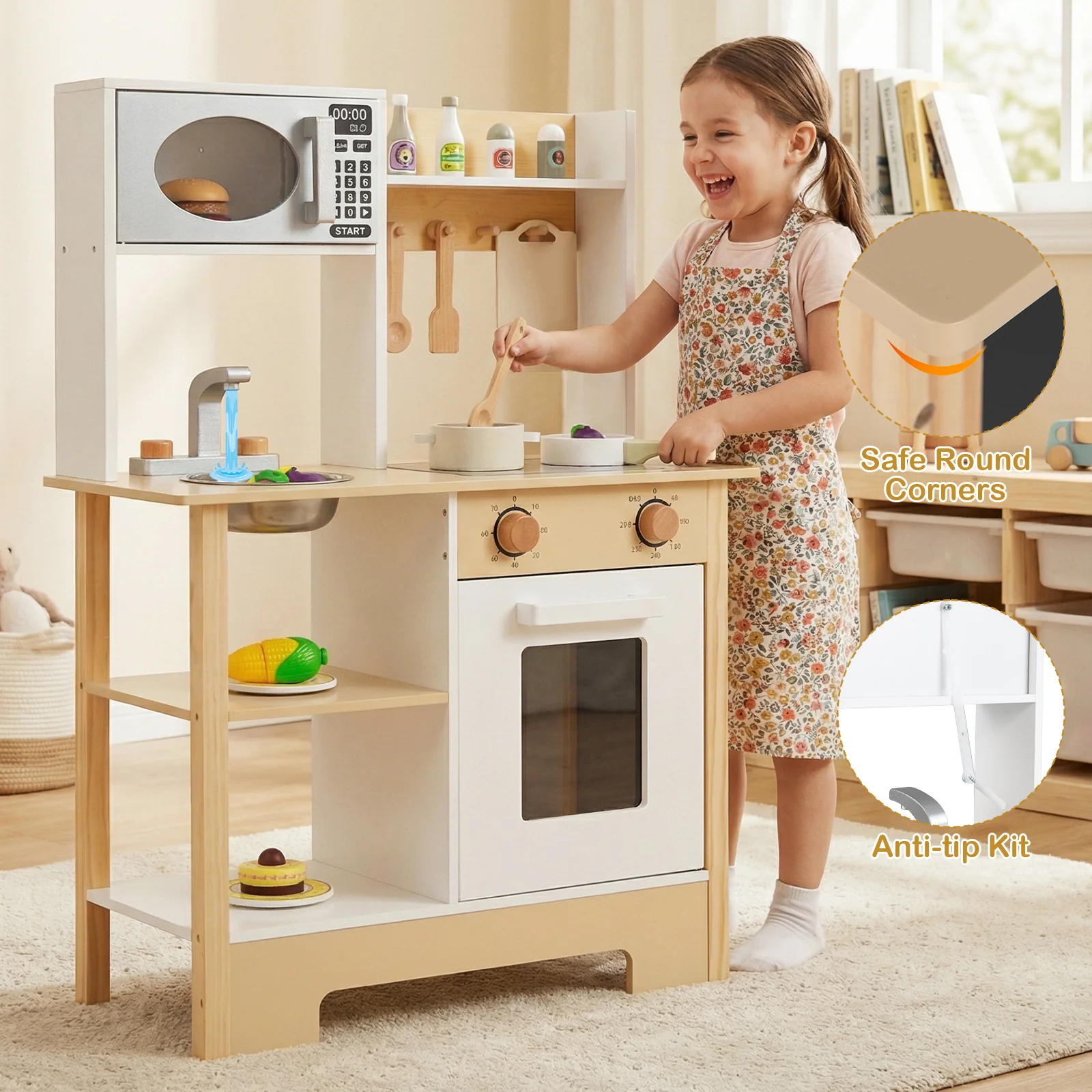 Play Kitchen Wooden Toy Kitchen Playset with Chalkboard Birthday Gift for Kids Aged 3 +, White - Image 3