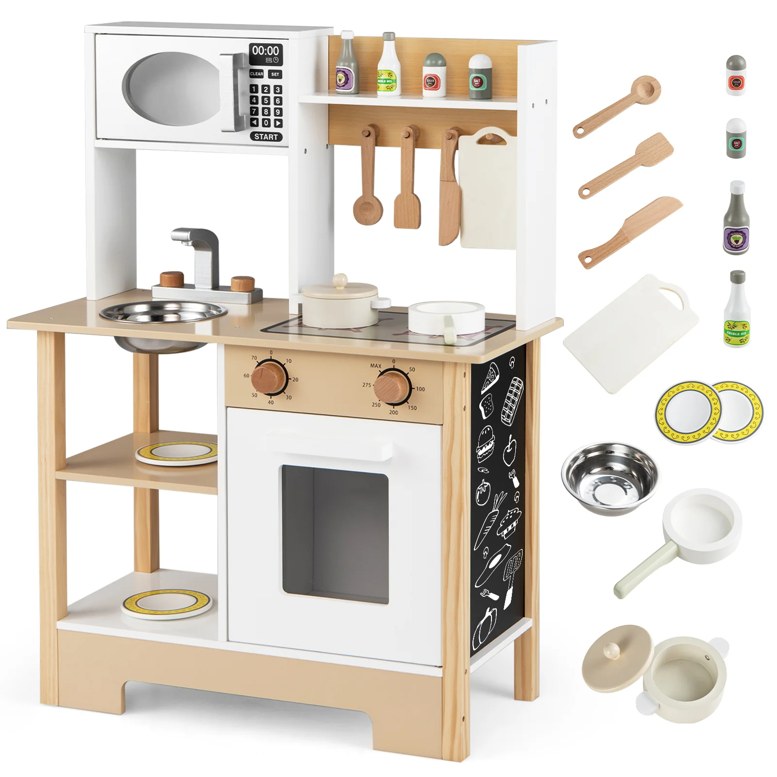 Play Kitchen Wooden Toy Kitchen Playset with Chalkboard Birthday Gift for Kids Aged 3 +, White - Image 5