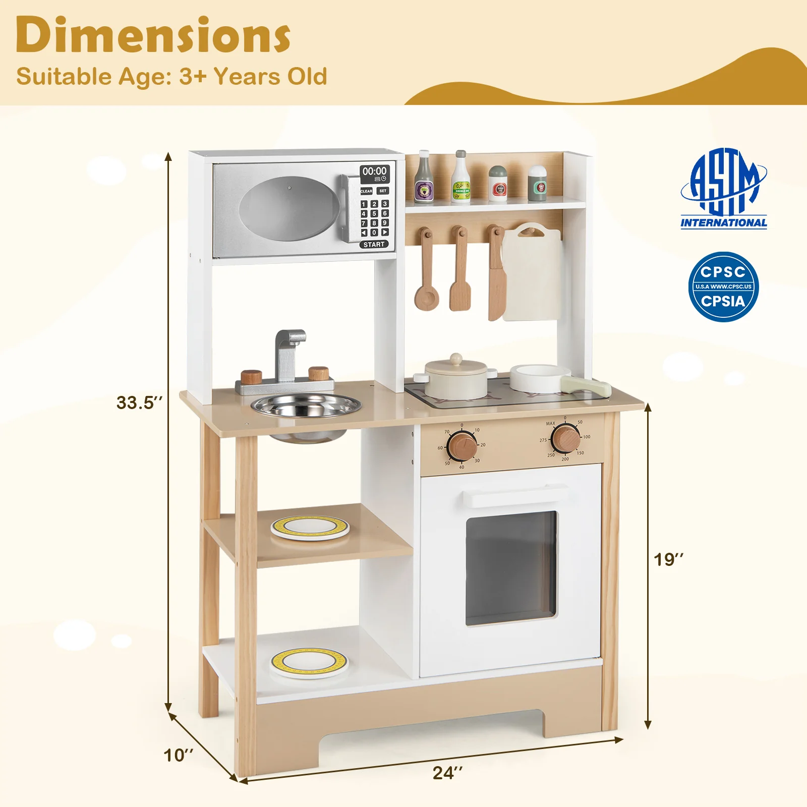 Play Kitchen Wooden Toy Kitchen Playset with Chalkboard Birthday Gift for Kids Aged 3 +, White - Image 6
