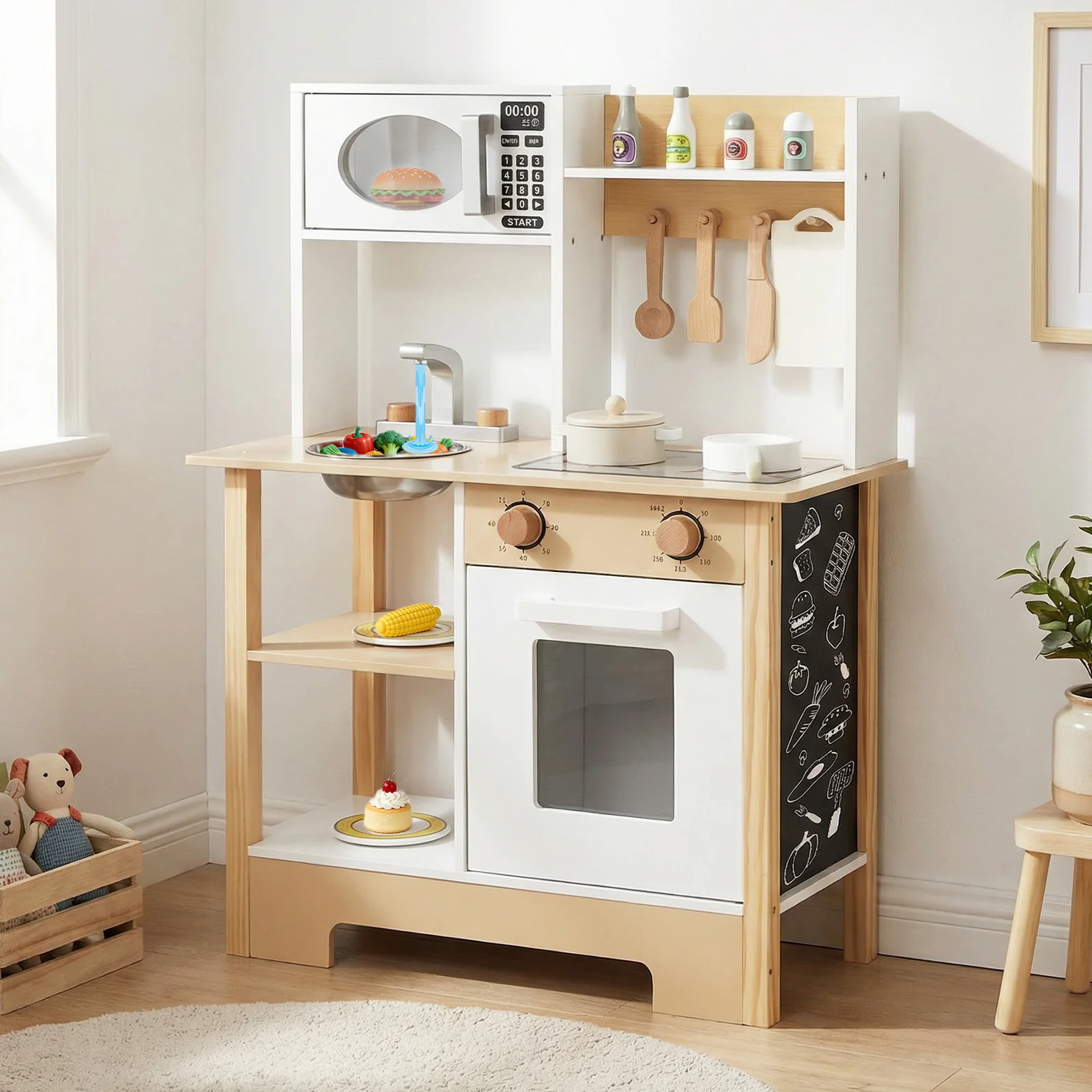Play Kitchen Wooden Toy Kitchen Playset with Chalkboard Birthday Gift for Kids Aged 3 +, White - Image 7