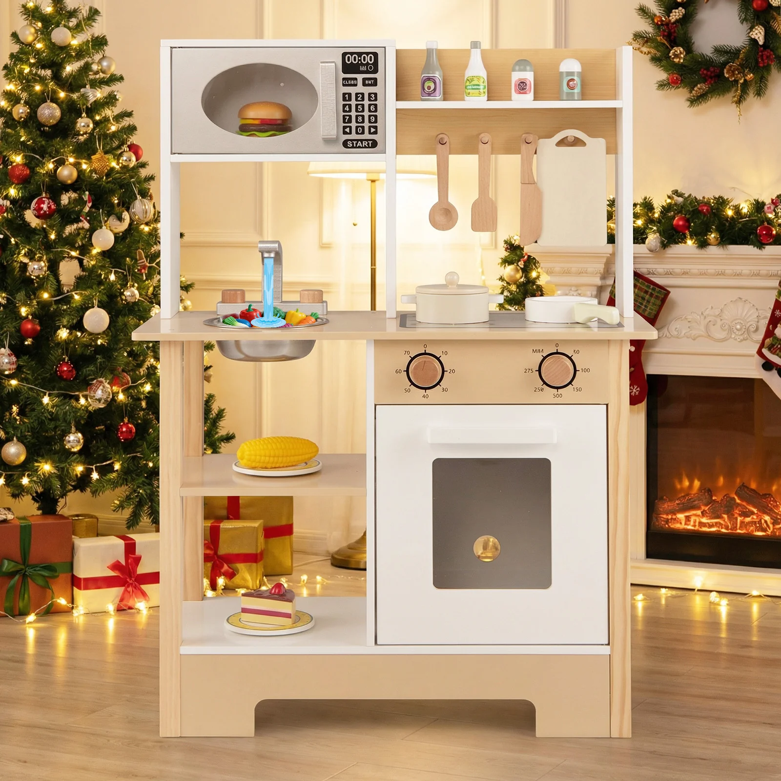 Play Kitchen Wooden Toy Kitchen Playset with Chalkboard Birthday Gift for Kids Aged 3 +, White - Image 8