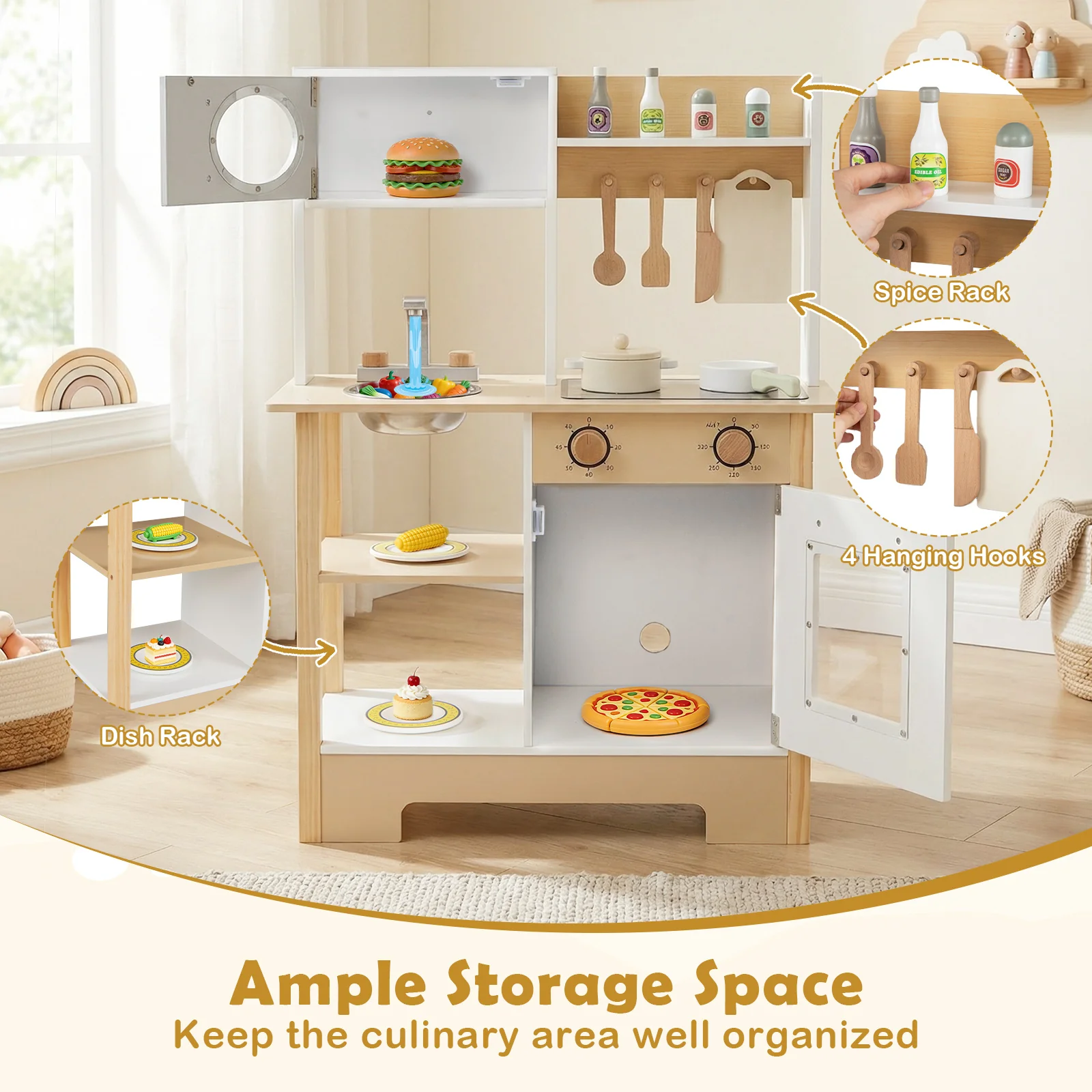 Play Kitchen Wooden Toy Kitchen Playset with Chalkboard Birthday Gift for Kids Aged 3 +, White - Image 9
