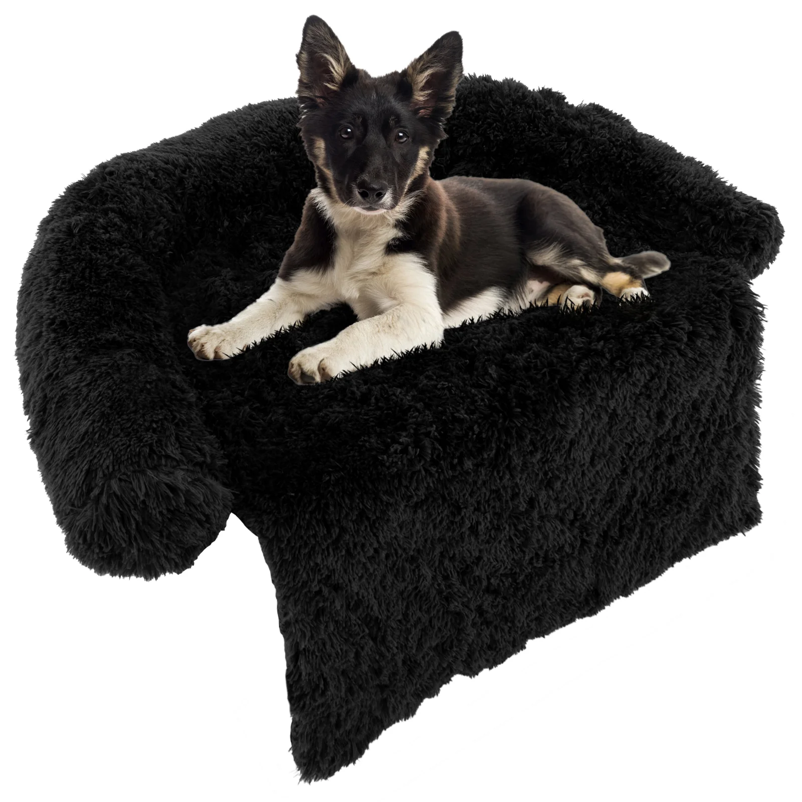 Plush Calming Dog Couch Bed, Anti-Slip Bottom, M, Black