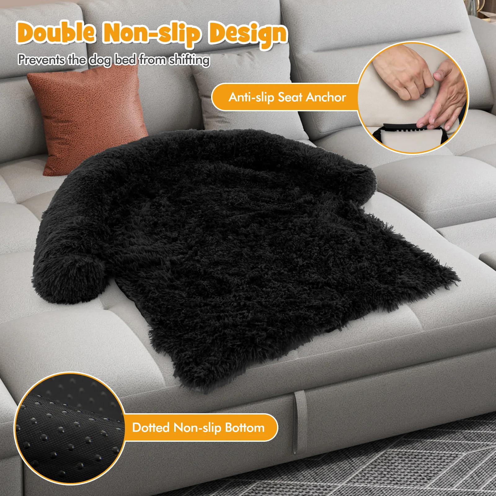 Plush Calming Dog Couch Bed, Anti-Slip Bottom, M, Black - Image 9