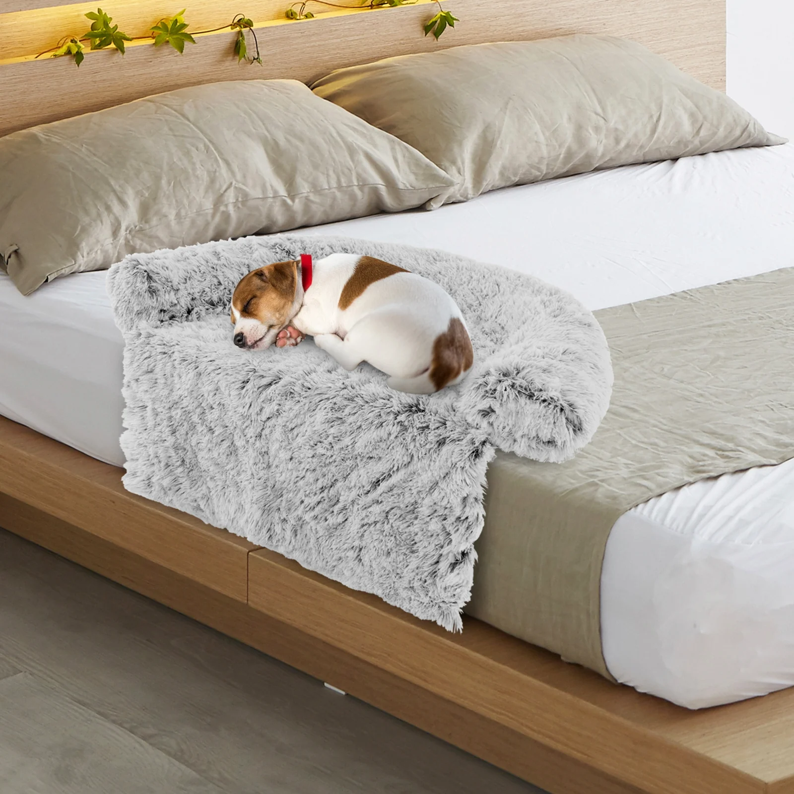 Plush Calming Dog Couch Bed, Anti-Slip Bottom, S, White - Image 2