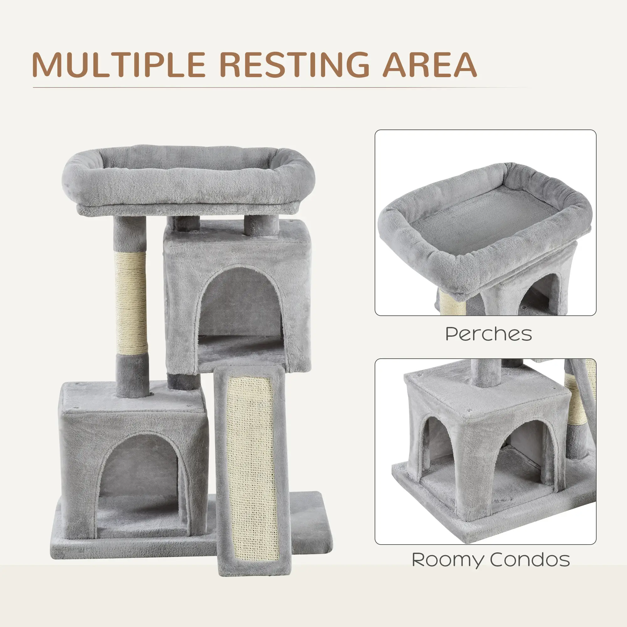 Plush Cat Tree Tower, Sisal Scratching Post, Perch Condo, Light Grey - Image 6