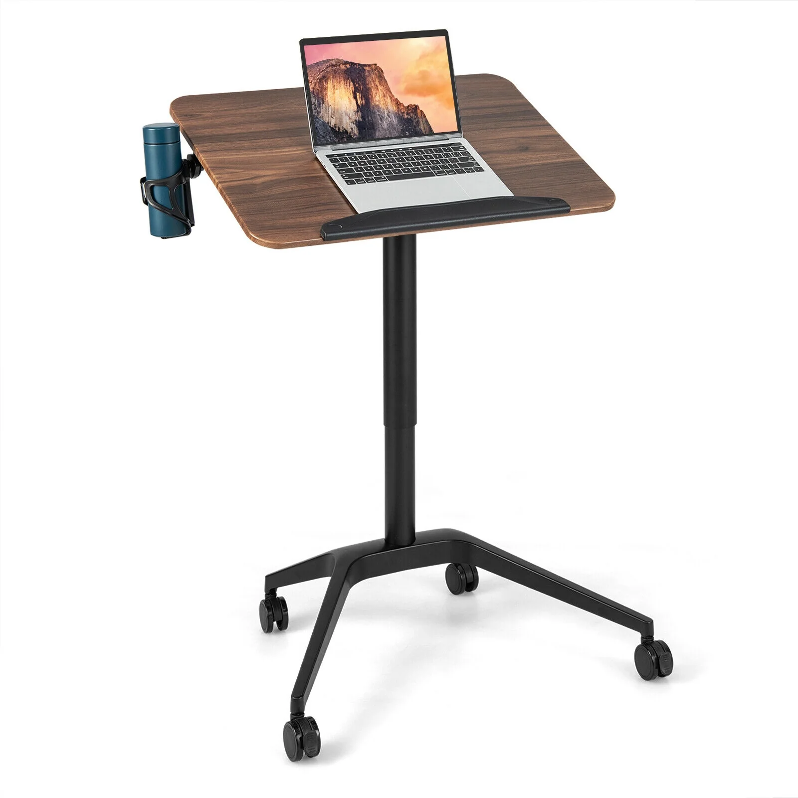 Pneumatic Standing Desk, Anti-Fall Baffle, Cup Holder, Brown