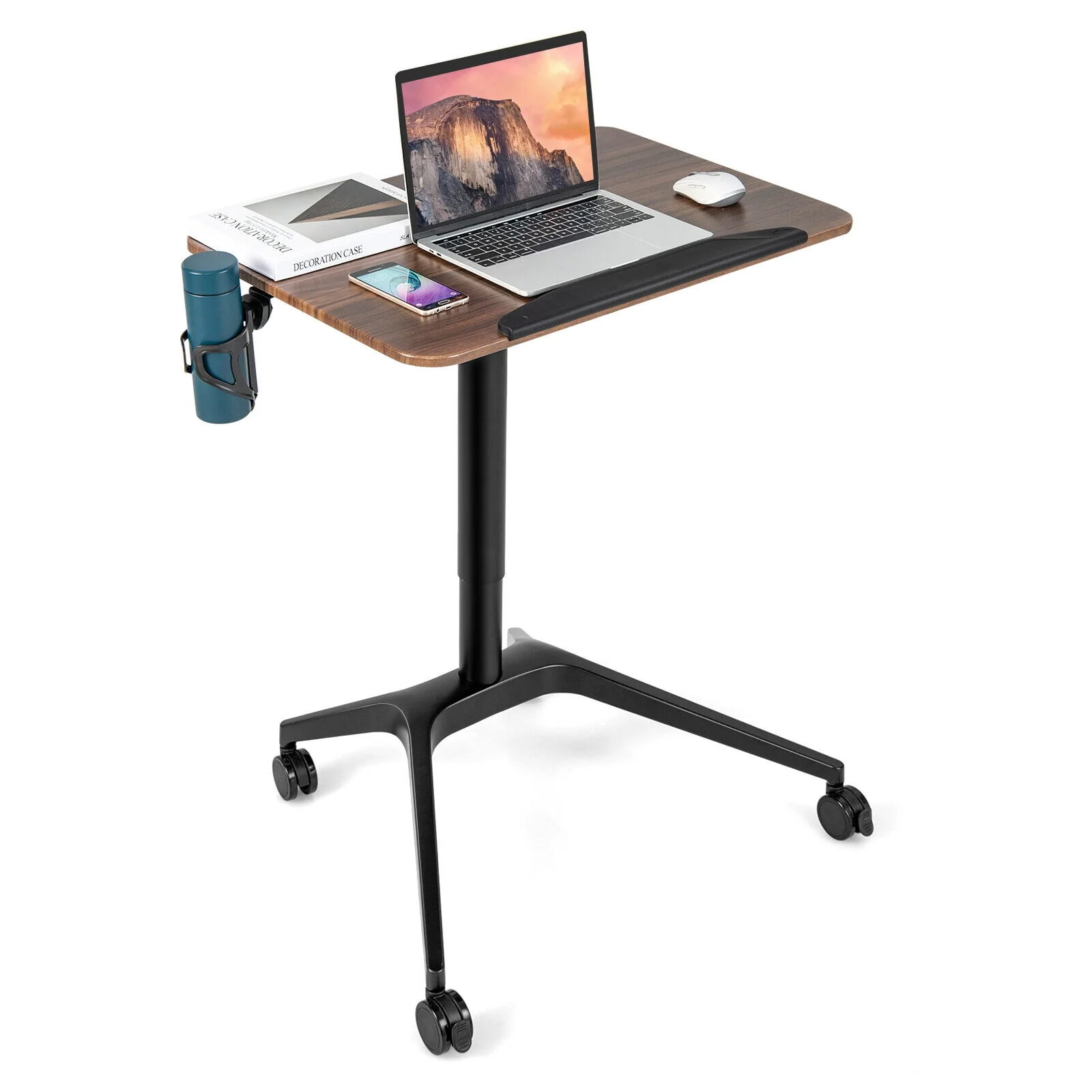 Pneumatic Standing Desk, Anti-Fall Baffle, Cup Holder, Brown - Image 5
