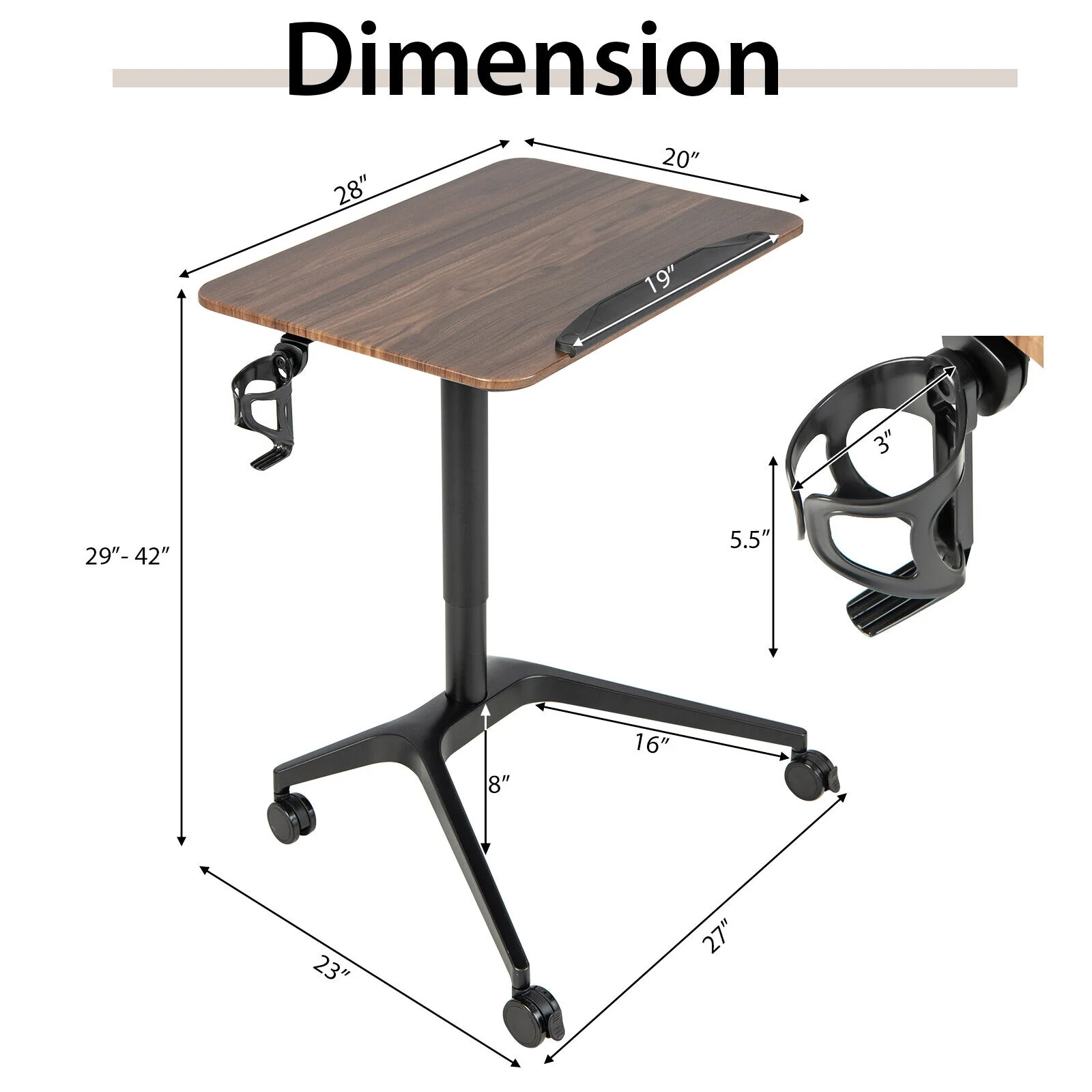 Pneumatic Standing Desk, Anti-Fall Baffle, Cup Holder, Brown - Image 6