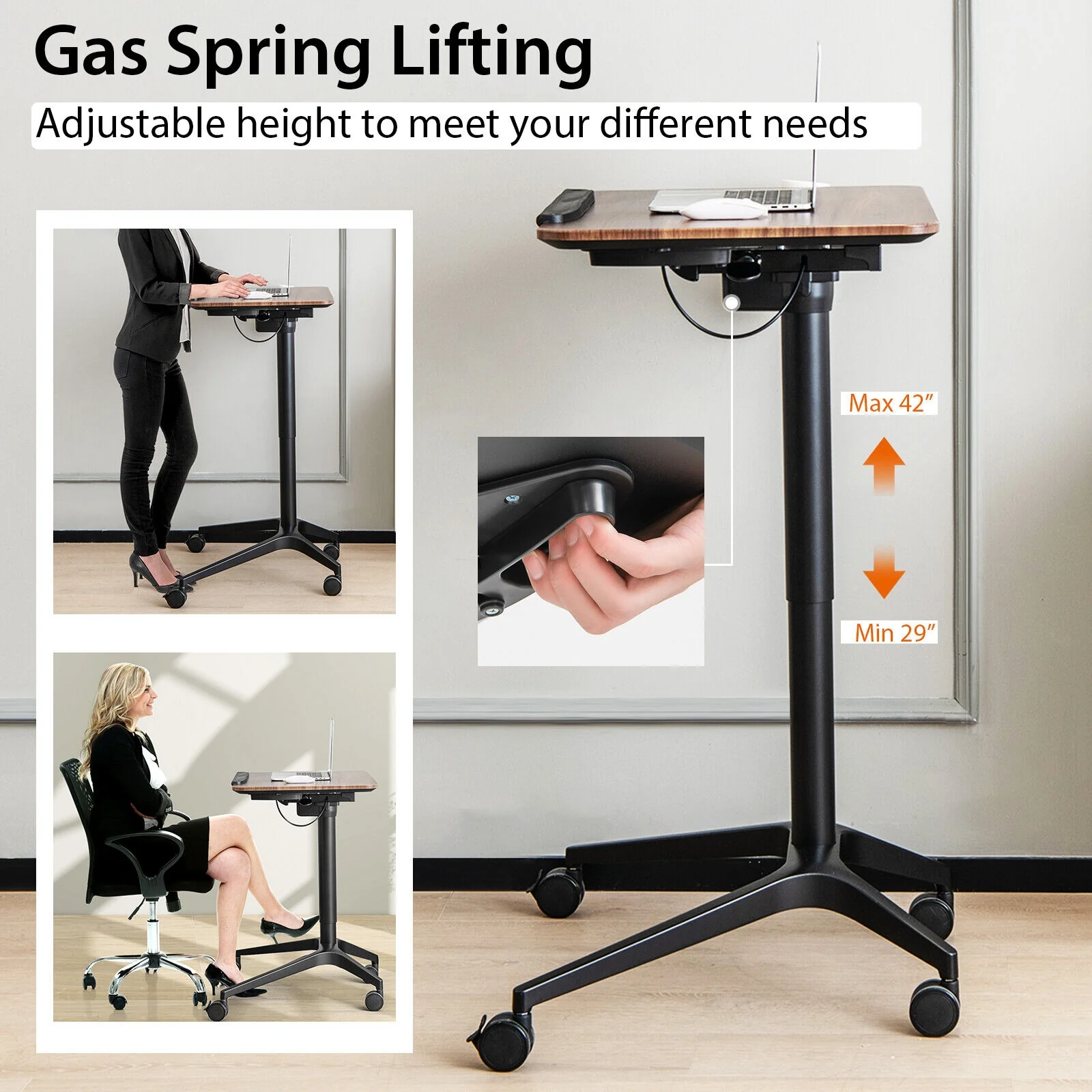 Pneumatic Standing Desk, Anti-Fall Baffle, Cup Holder, Brown - Image 8