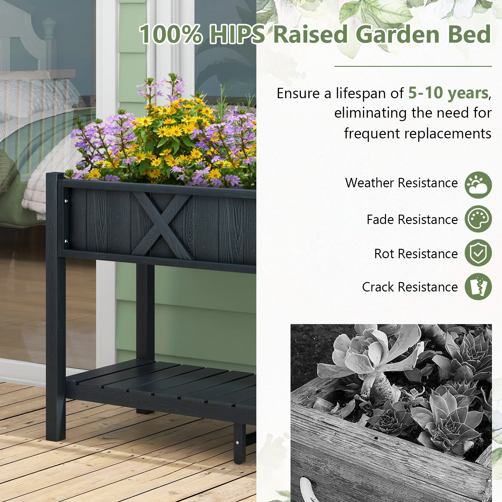 Poly Wood Elevated Planter Box With Legs, Storage Shelf, Drainage Holes, Black - Image 10