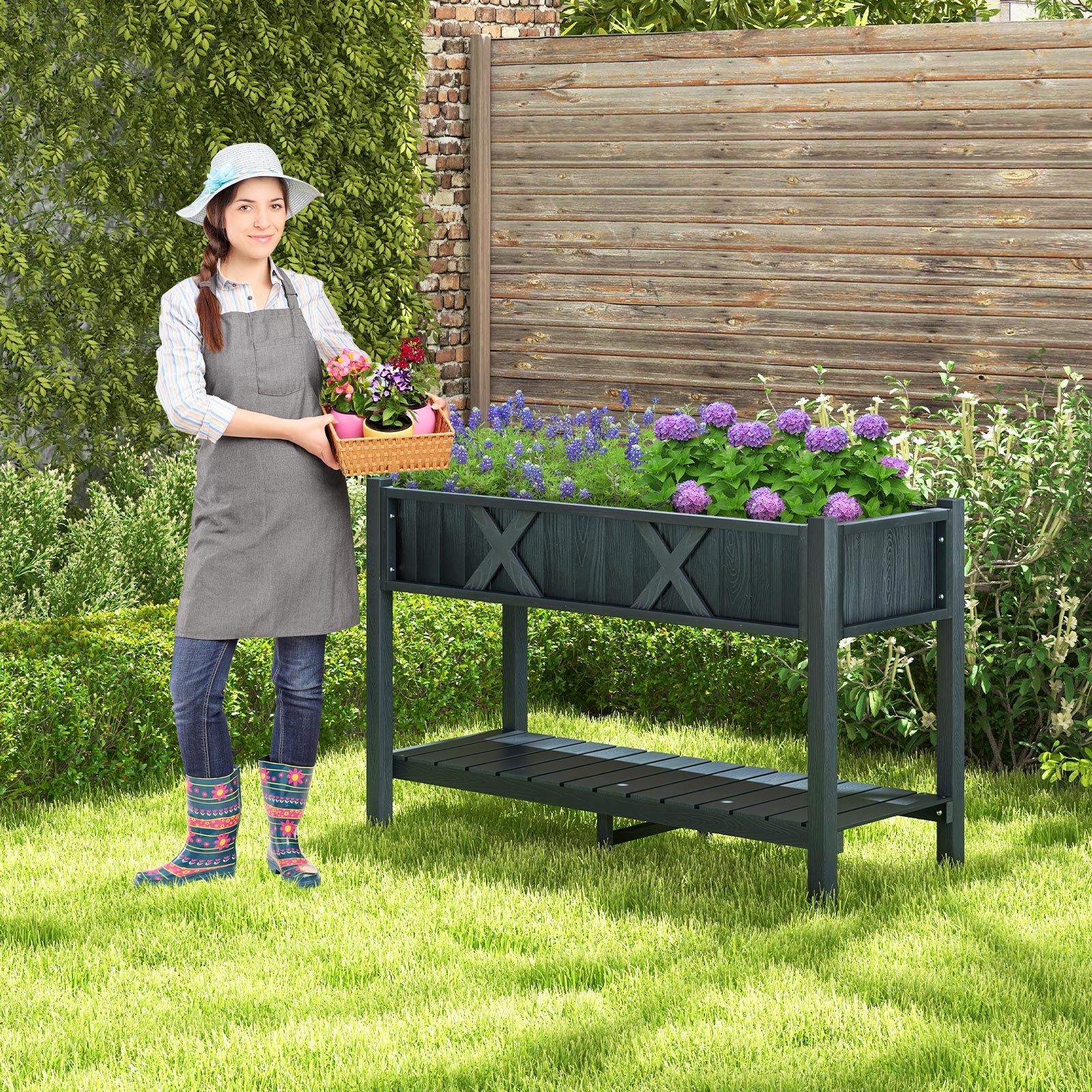 Poly Wood Elevated Planter Box With Legs, Storage Shelf, Drainage Holes, Black - Image 2