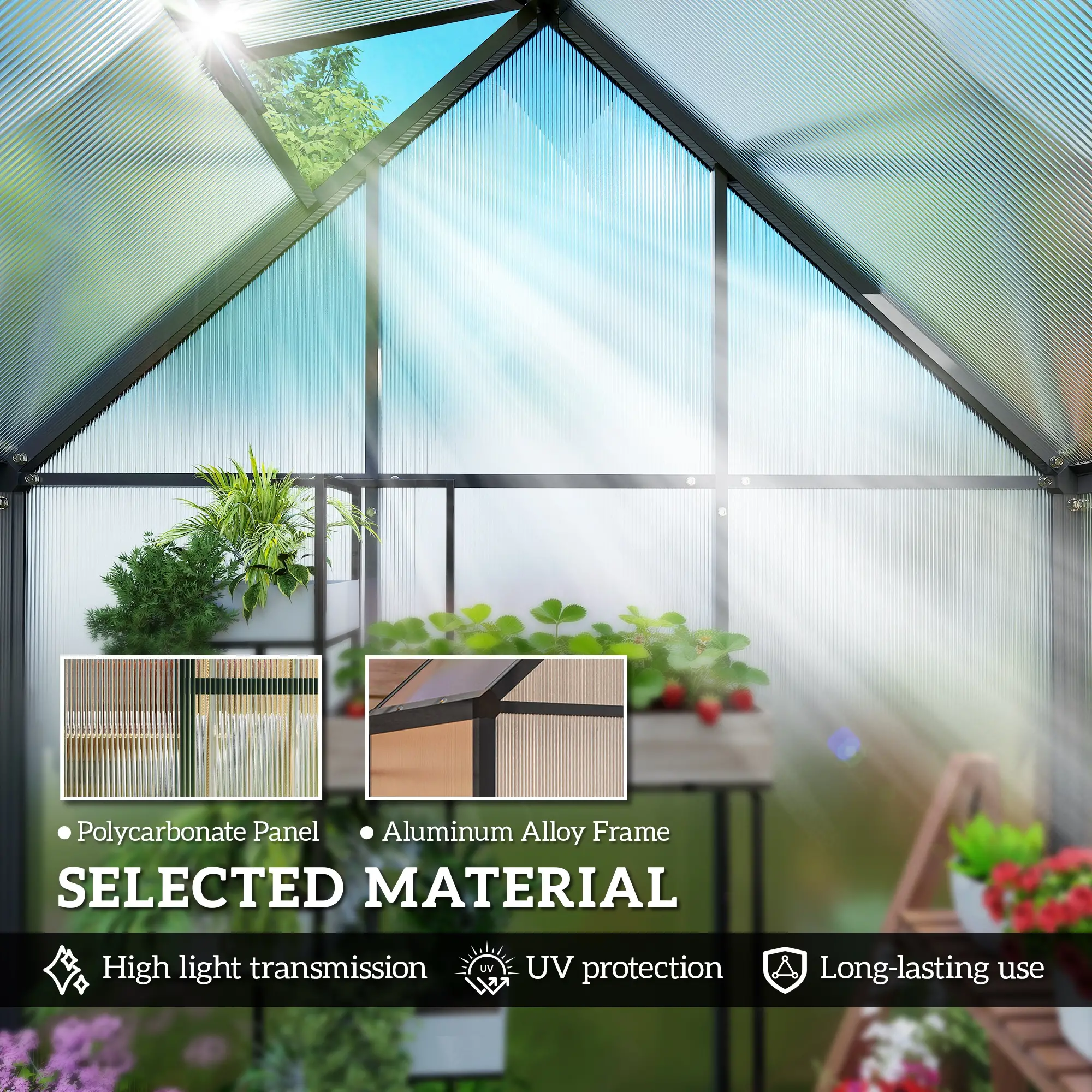 Polycarbonate Greenhouse, 5.5 x 6.5ft, Walk-In With Swing Door, Black - Image 5
