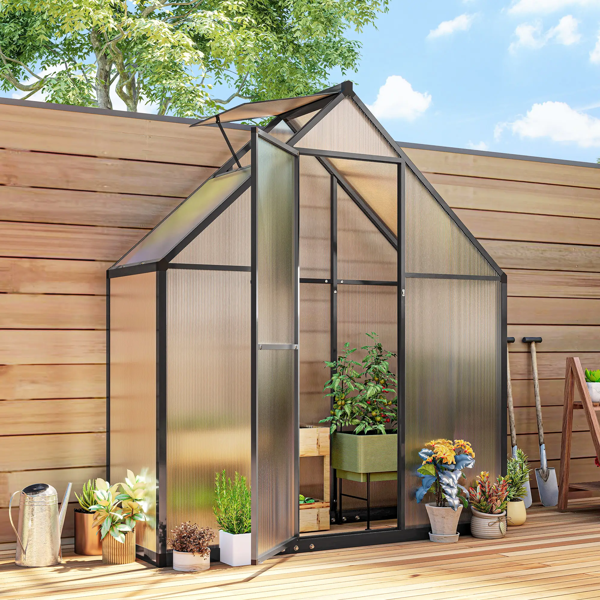 Polycarbonate Greenhouse, 5.5 x 6.5ft, Walk-In With Swing Door, Black - Image 8