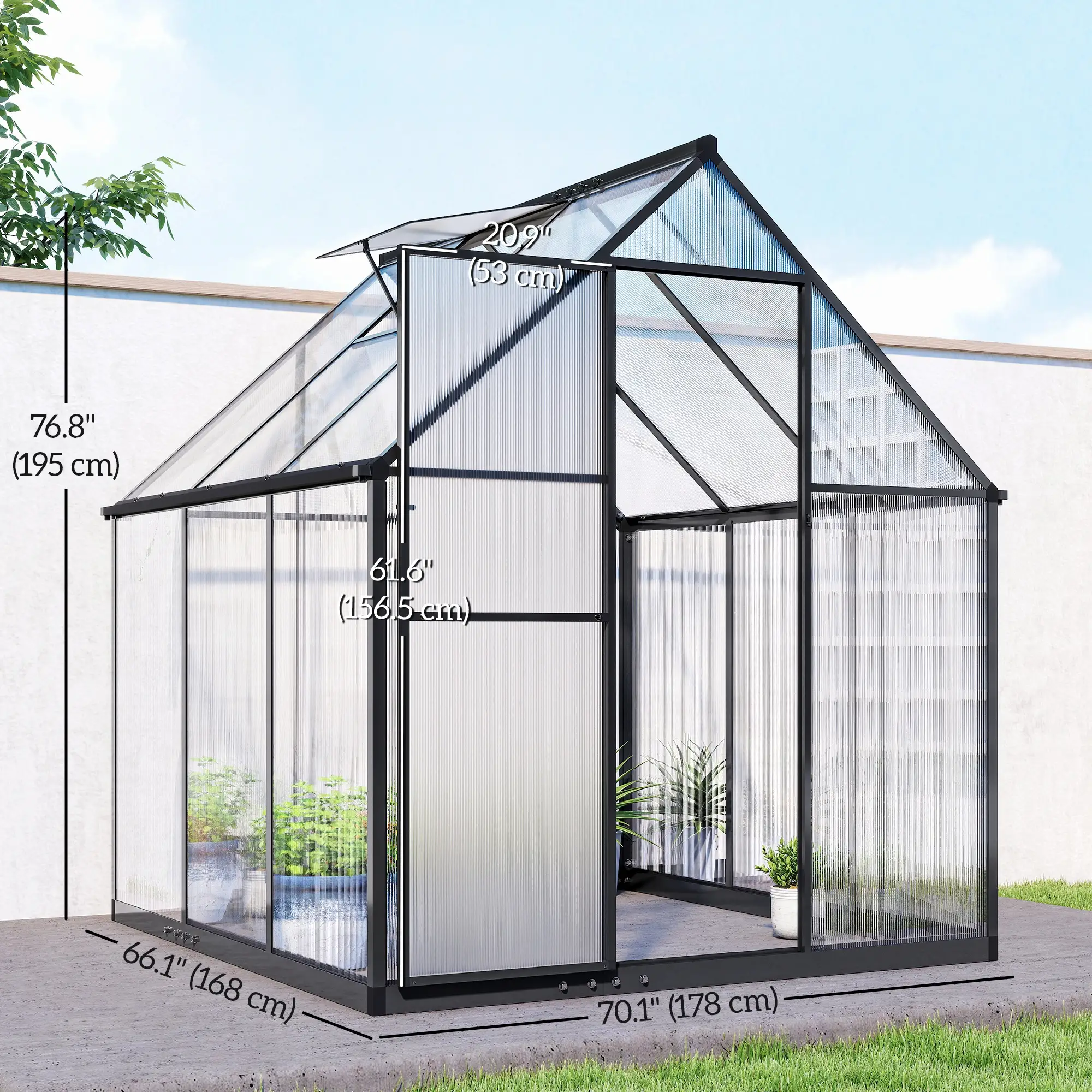 Polycarbonate Greenhouse, Swing Door, Adjustable Window, 6 x 6.5ft, Black - Image 3
