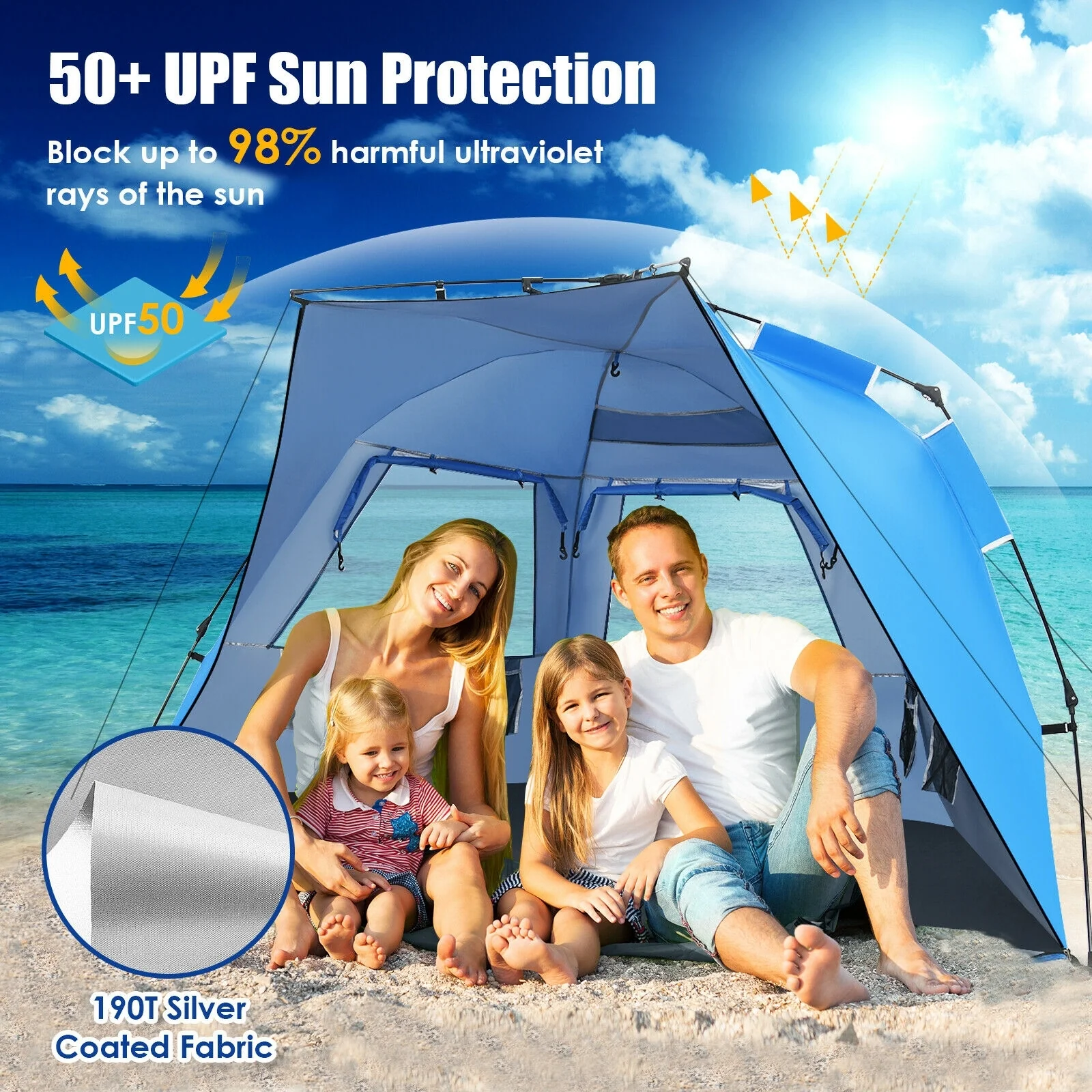 Pop Up Beach Tent, UPF 50+, Portable Sun Shelter, 3-4 Person, Blue - Image 3