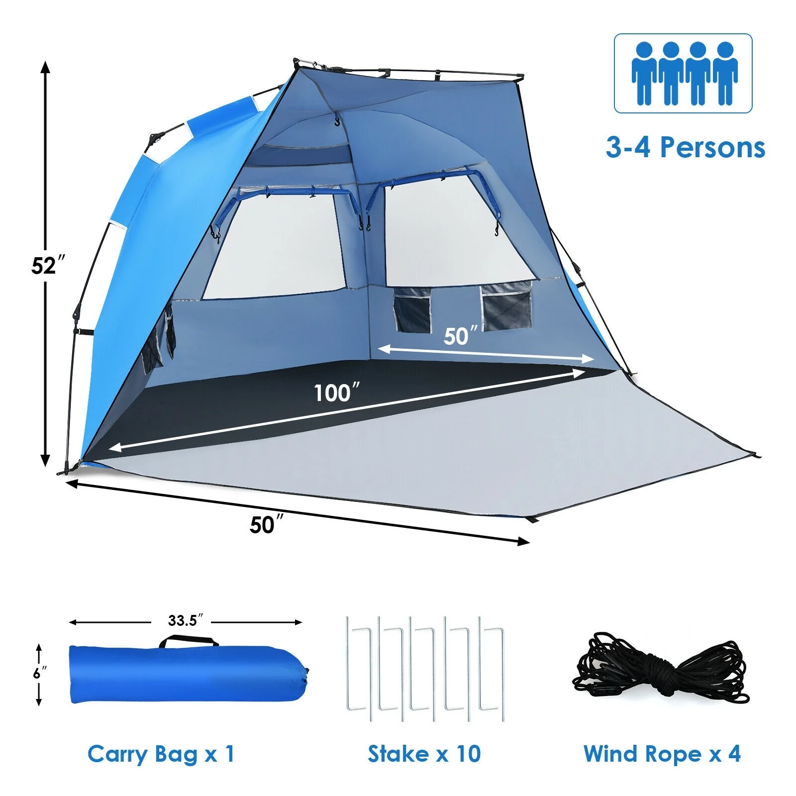 Pop Up Beach Tent, UPF 50+, Portable Sun Shelter, 3-4 Person, Blue - Image 5