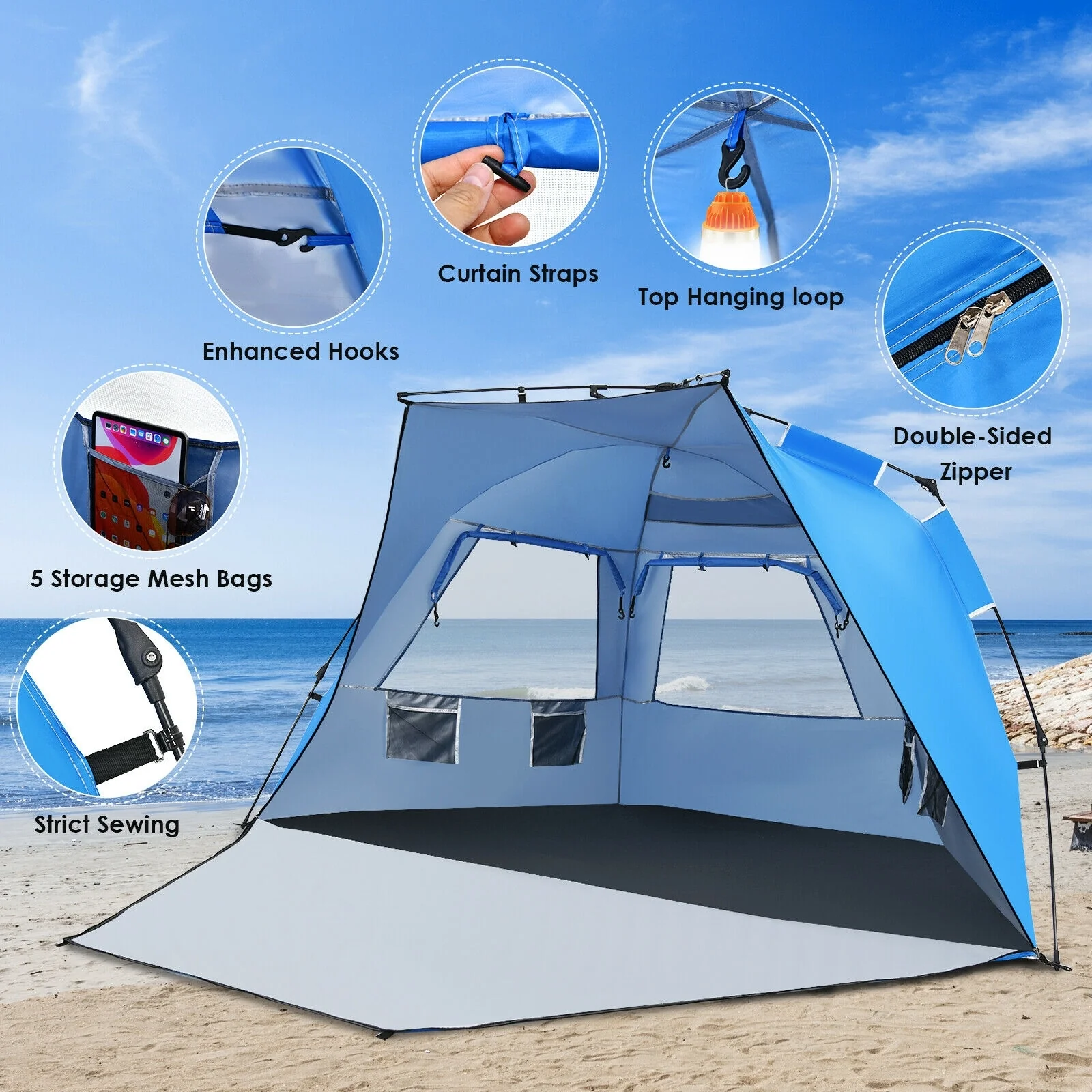 Pop Up Beach Tent, UPF 50+, Portable Sun Shelter, 3-4 Person, Blue - Image 6