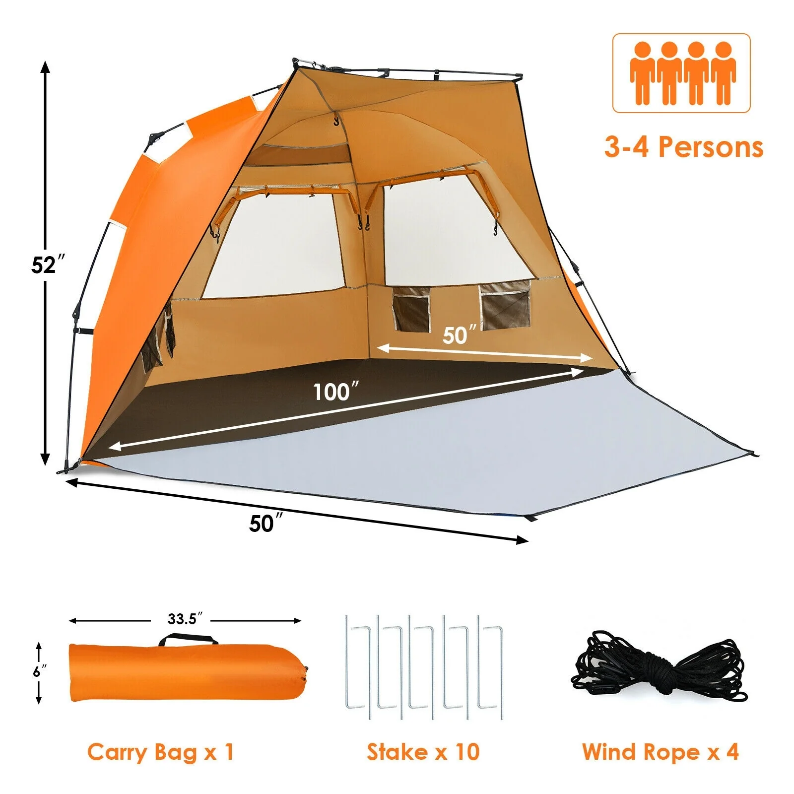 Pop Up Beach Tent, UPF 50+, Portable Sun Shelter, 3-4 Person, Orange - Image 5